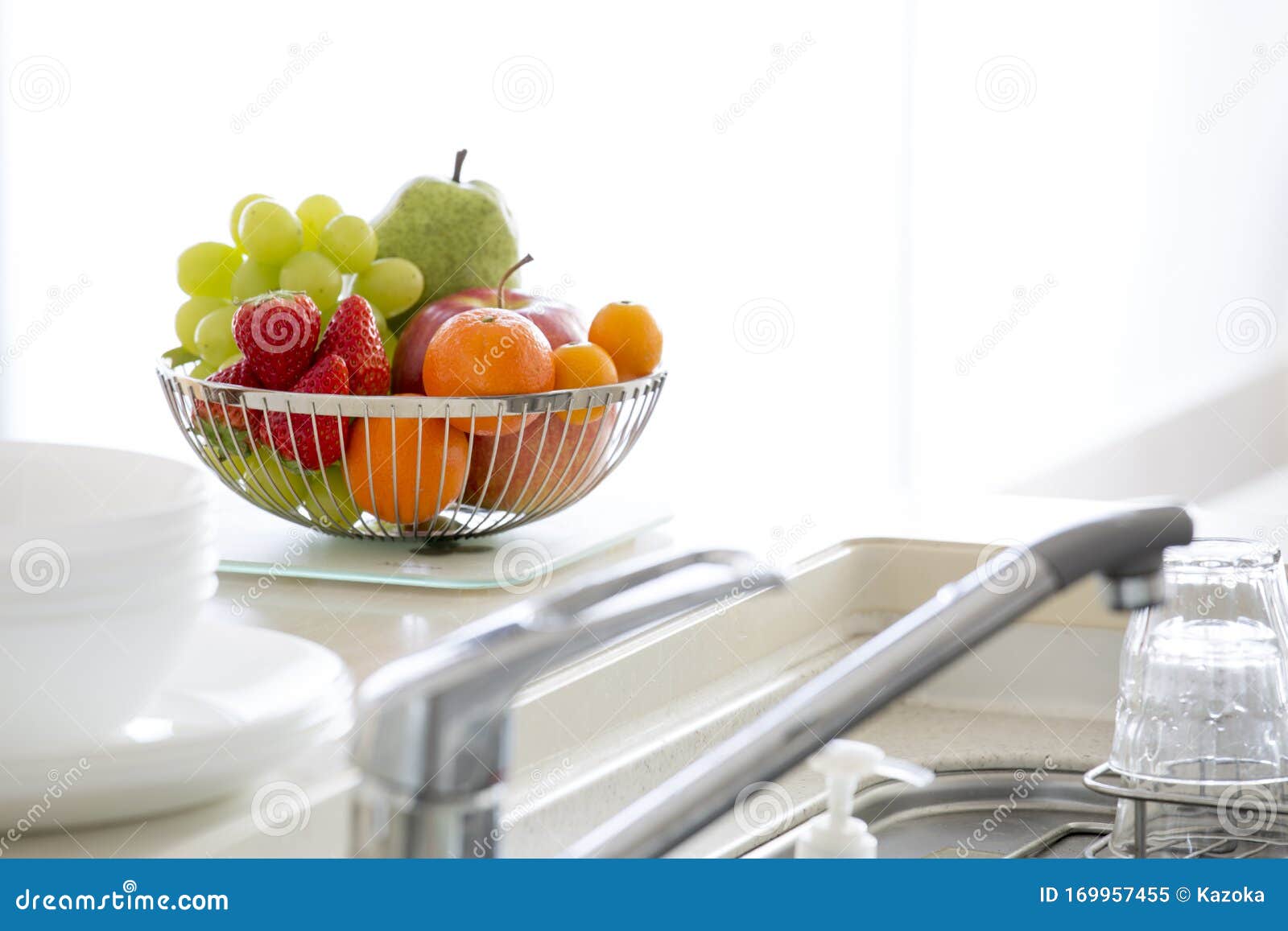 Fruit Basket in Bright Kitchen Stock Image Image of kitchen, fruits