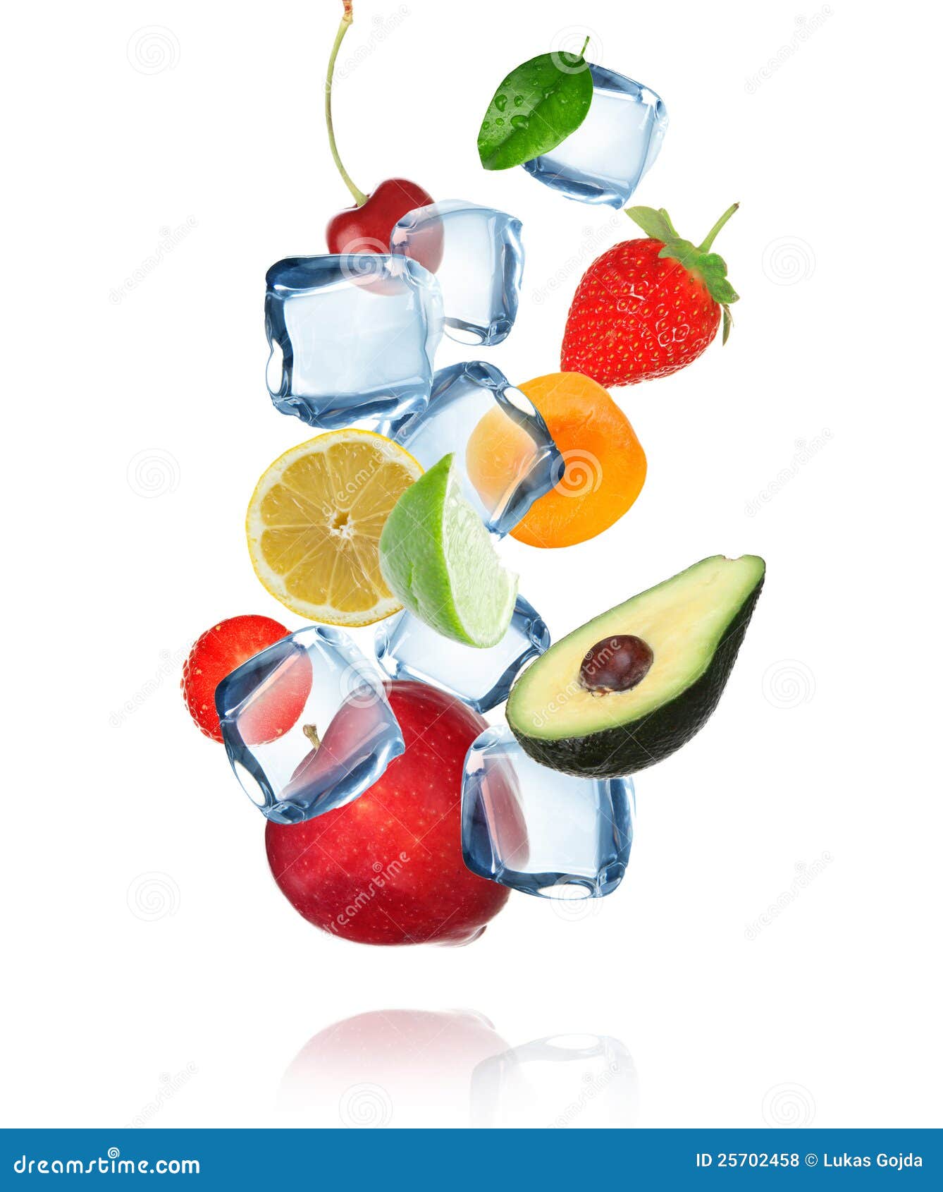 Fruits In Ice Cubes Splashing Into The Water Stock Photo Image of