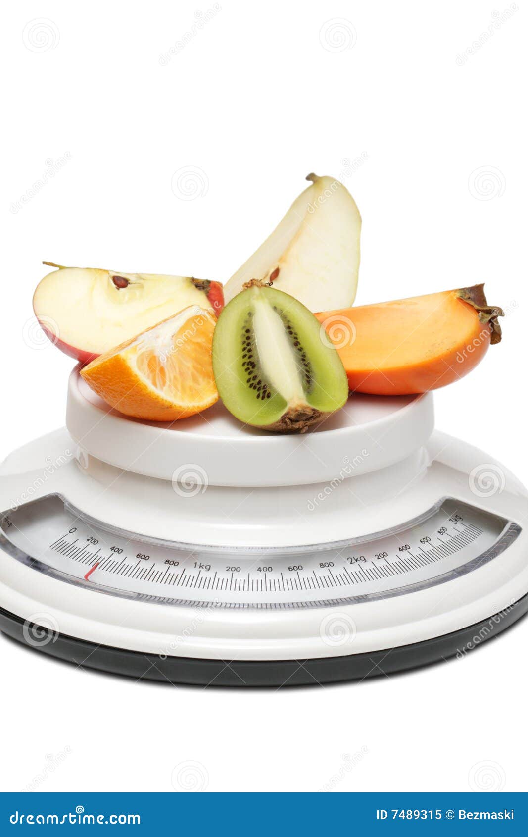 Fruits on kitchen scales stock image. Image of fruit, isolated 7489315
