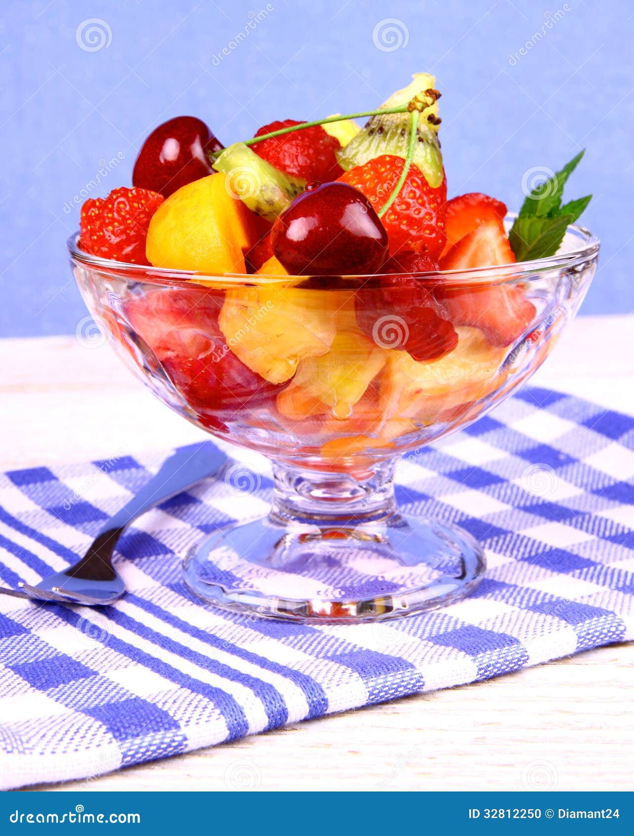 Fruits Salad in Glass Bowl and Dessert Fork Stock Photo Image of ripe