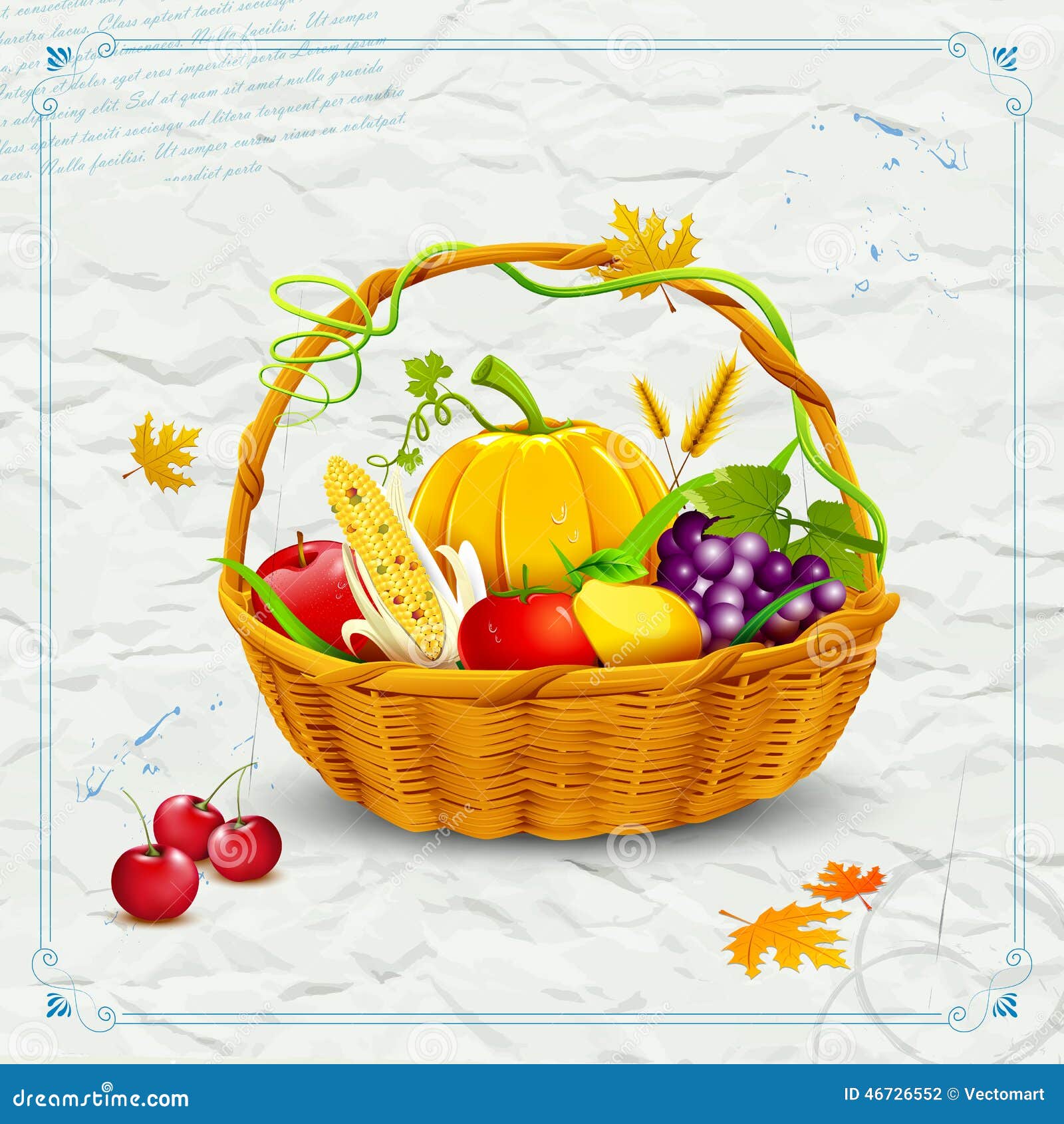 Fruits and Vegetable in Basket for Thanksgiving Stock Vector