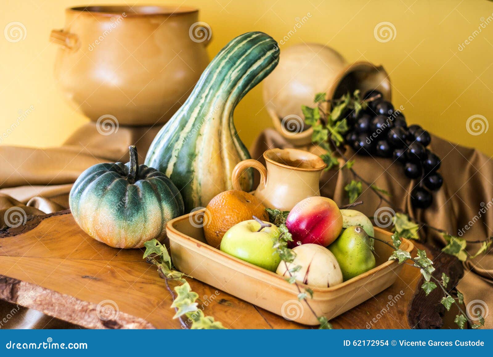fruits vegetable and ceramic still life
