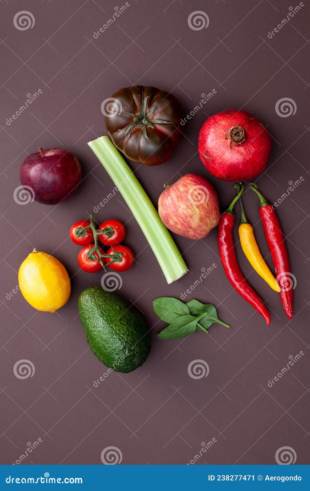Fruits and Vegetables on Brown Background Stock Image Image of
