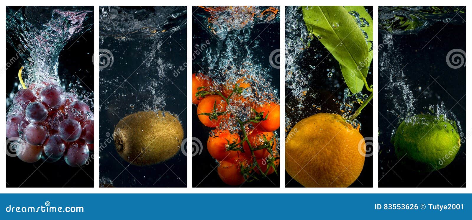 Fruits and Vegetables Falling into the Water with Splashes and Bubbles