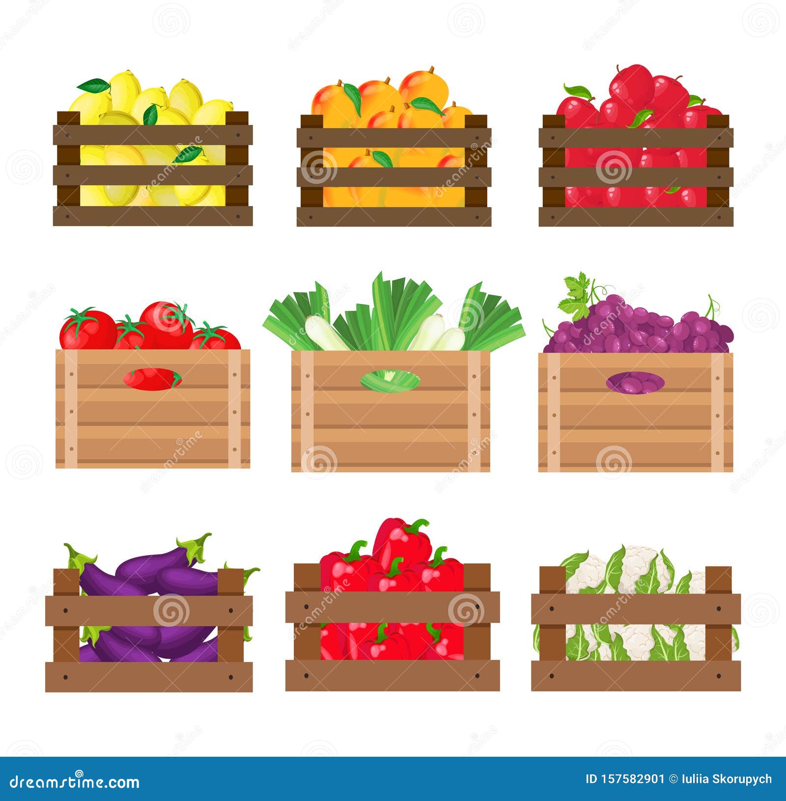 Fruits and Vegetables in Wooden Crates Stock Vector Illustration of collection, cartoon 157582901