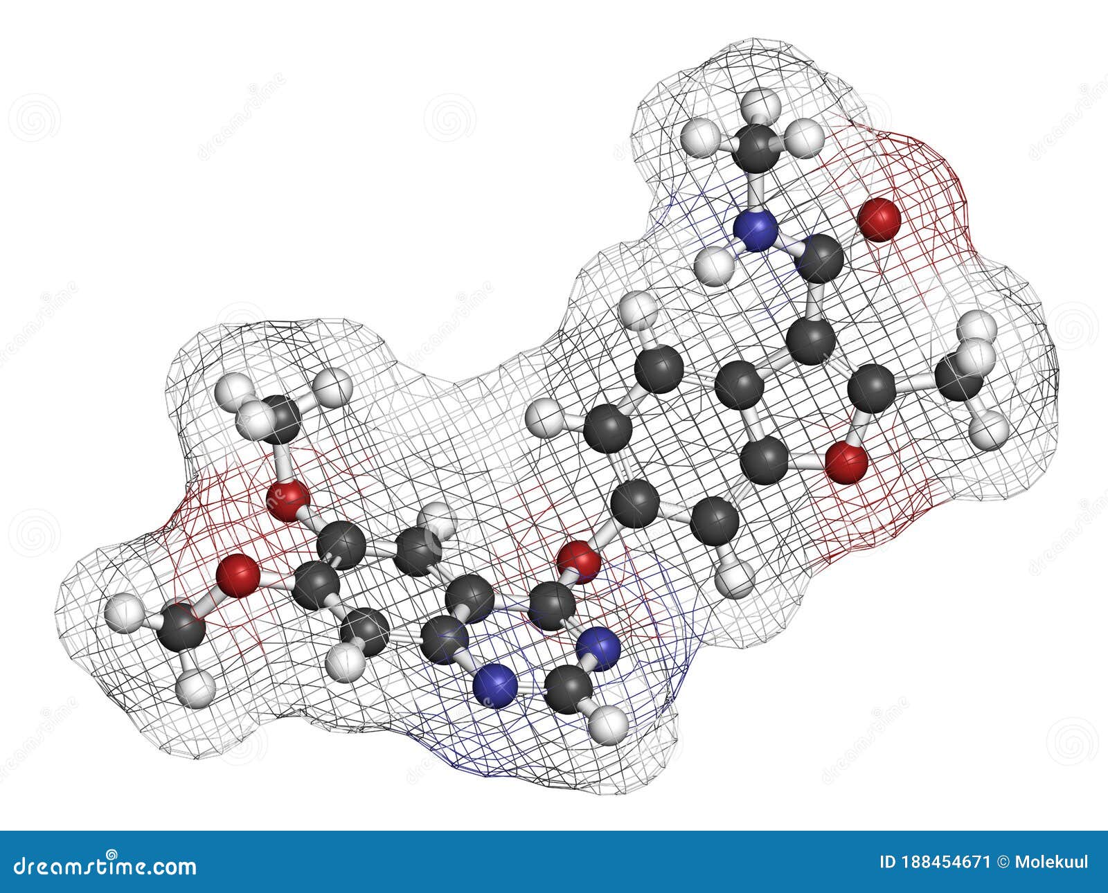 fruquintinib cancer drug molecule. 3d rendering. atoms are represented as spheres with conventional color coding: hydrogen (white