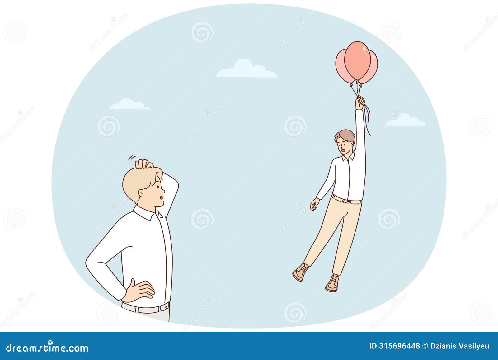 frustrated man look at colleague flying on balloons