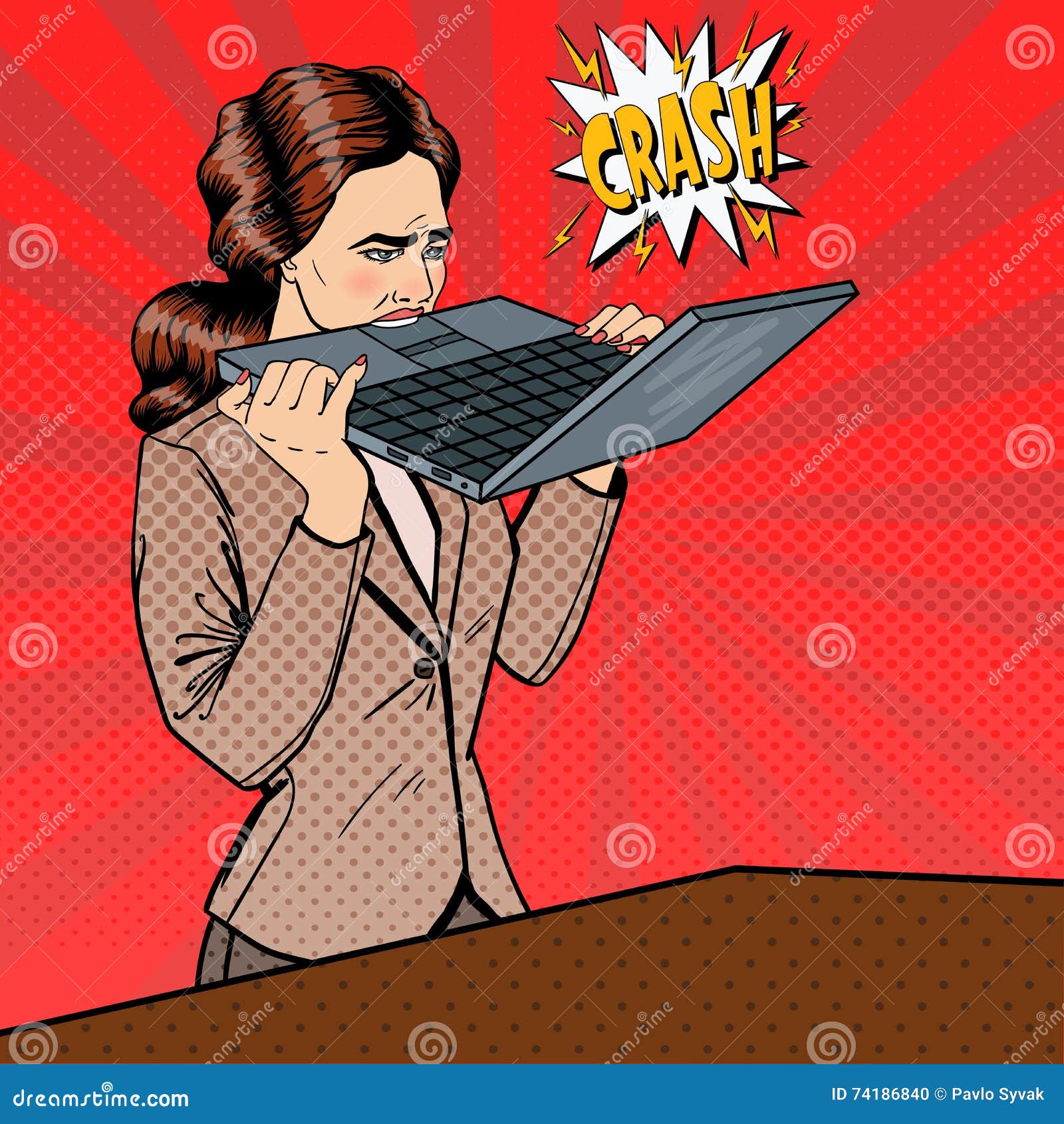 Frustrated Stressed Business Woman Biting Laptop In Office Pop Art Stock Vector Illustration