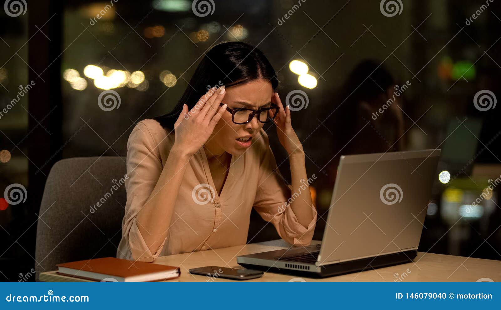 frustrated woman working laptop, nervous about mistakes, stressful job, problem