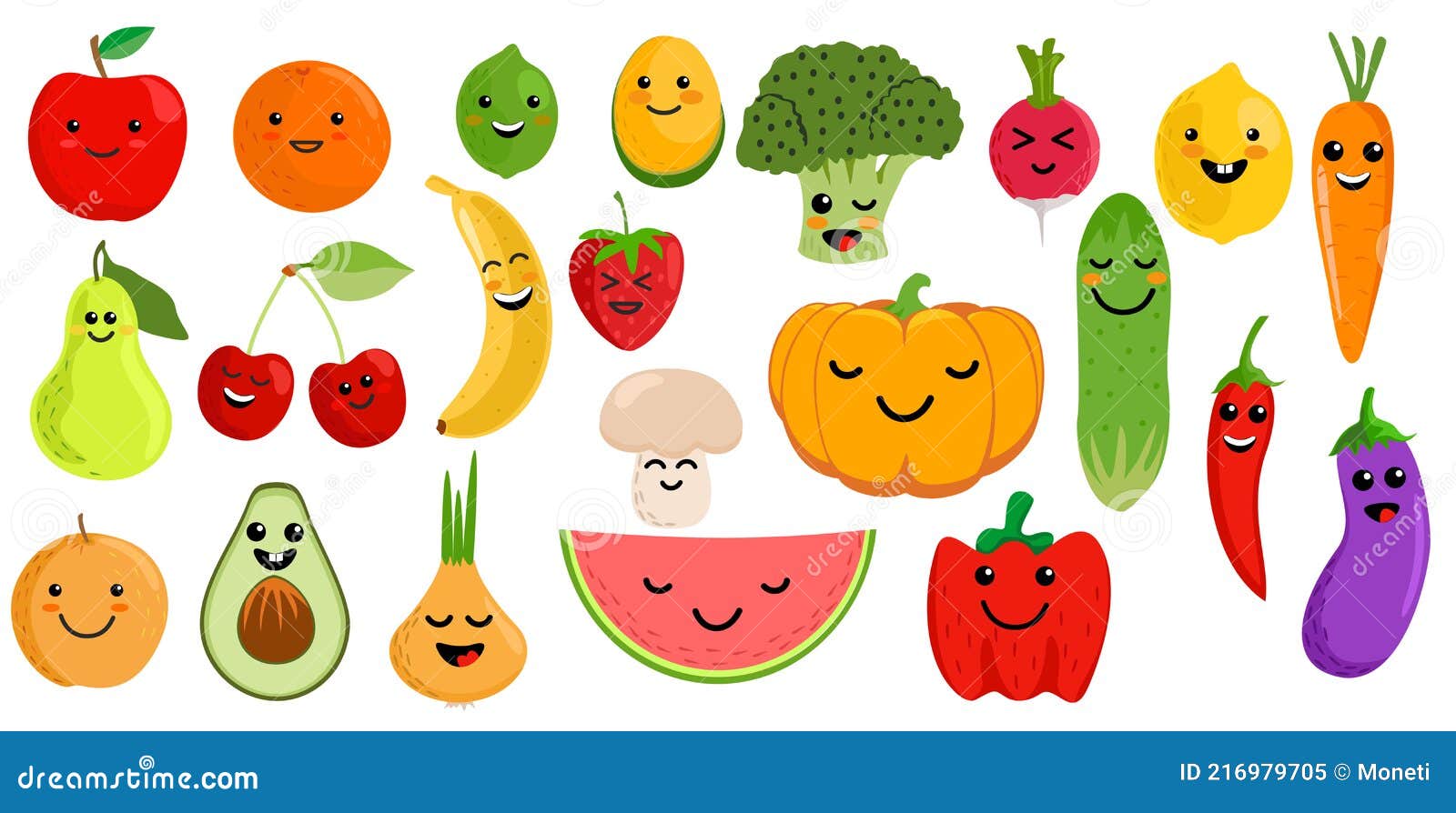 Um conjunto de ilustrações de frutas kawaii fofas desenho infantil