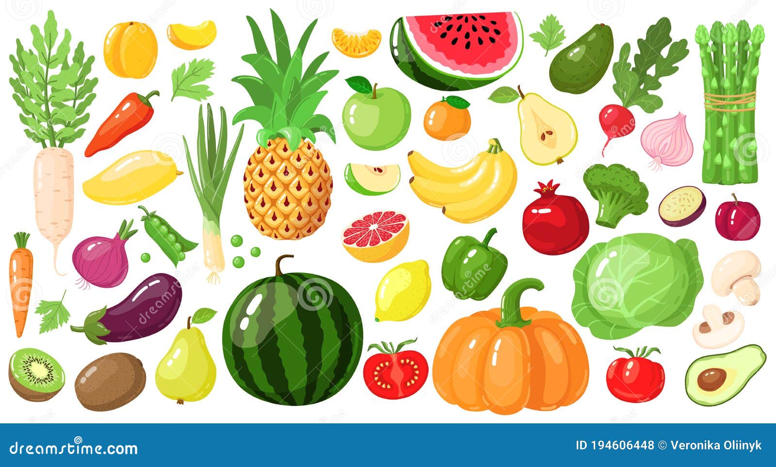 Frutas Y Verduras De Dibujos Animados. Estilo De Vida Vegetal Alimentos  Nutrición Orgánica Verduras Y Frutas Aguacate Espárragos Y Ilustración del  Vector - Ilustración de pimienta, granja: 194606448