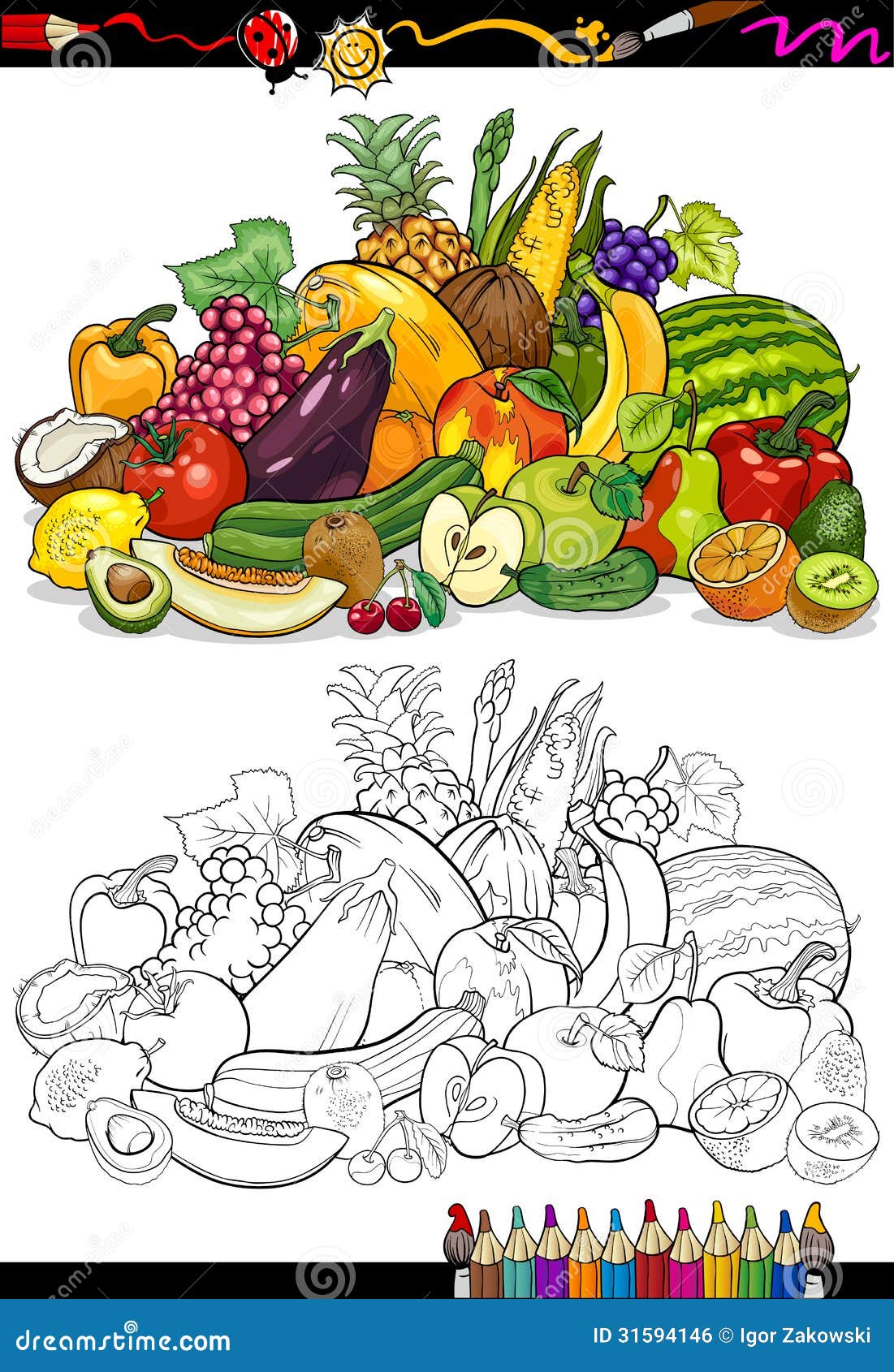 Frutta E Verdure Per Il Libro Da Colorare Illustrazione Vettoriale Illustrazione Di Ciliegia Gioco