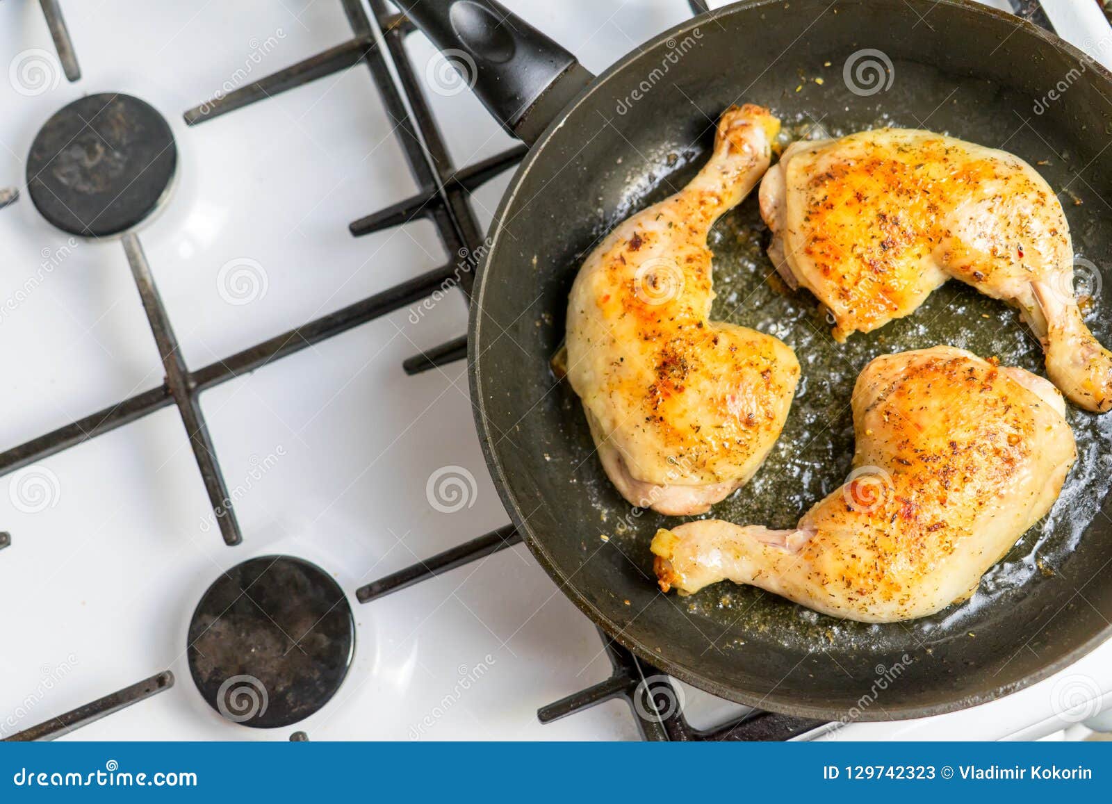 Fry Chicken Legs in a Pan with Spices. Stock Image Image of roasted