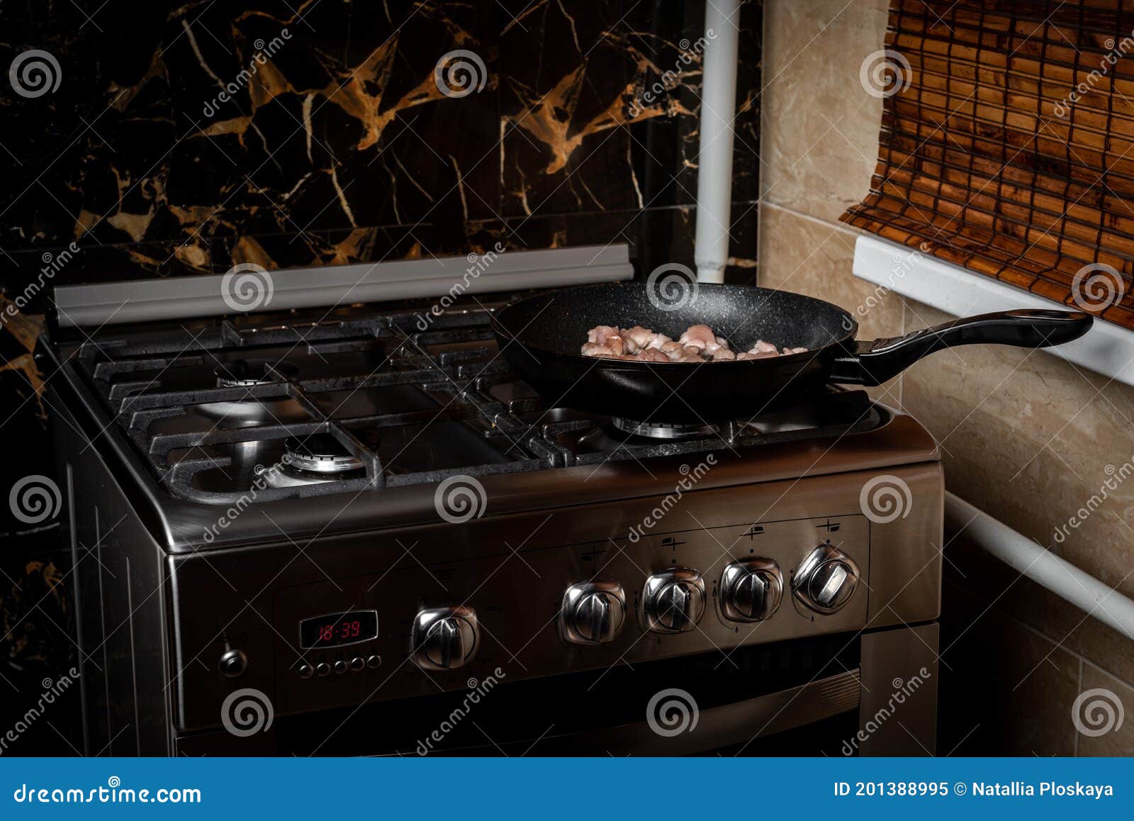 Frying Chicken Meat Cubes in a Pan on Stove. Stock Image Image of