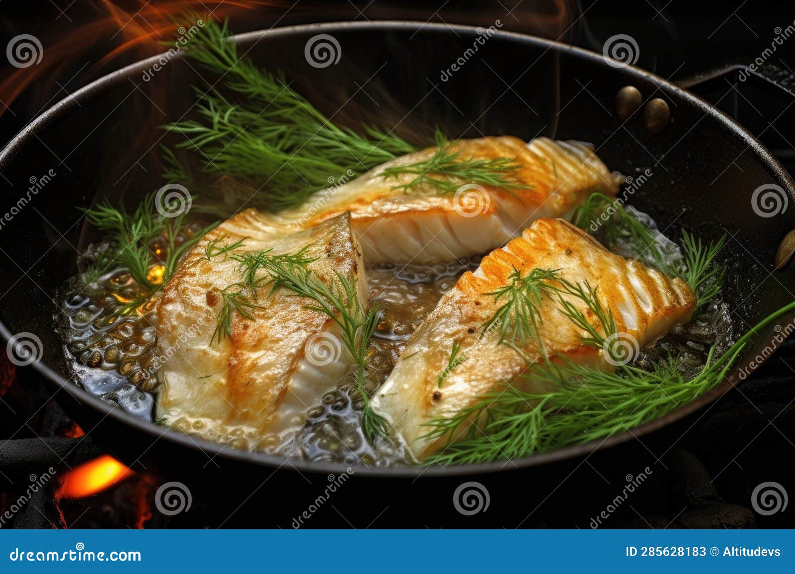 Frying Fish Fillets in a Deep Pan with Oil Stock Image Image of
