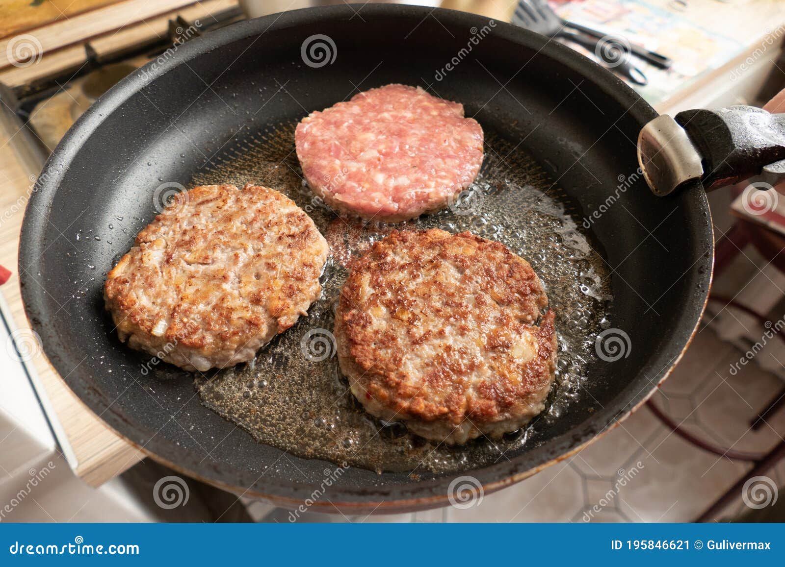 Frying hamburger cutlets stock image. Image of gourmet 195846621