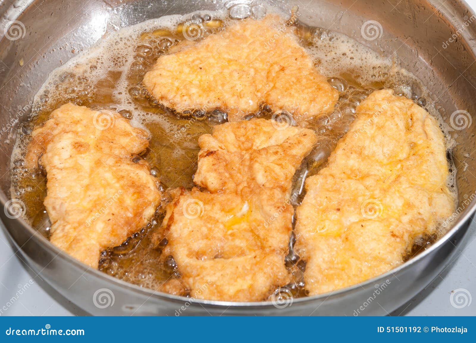 Frying Meat in Hot Oil in a Frying Pan Stock Photo Image of closeup