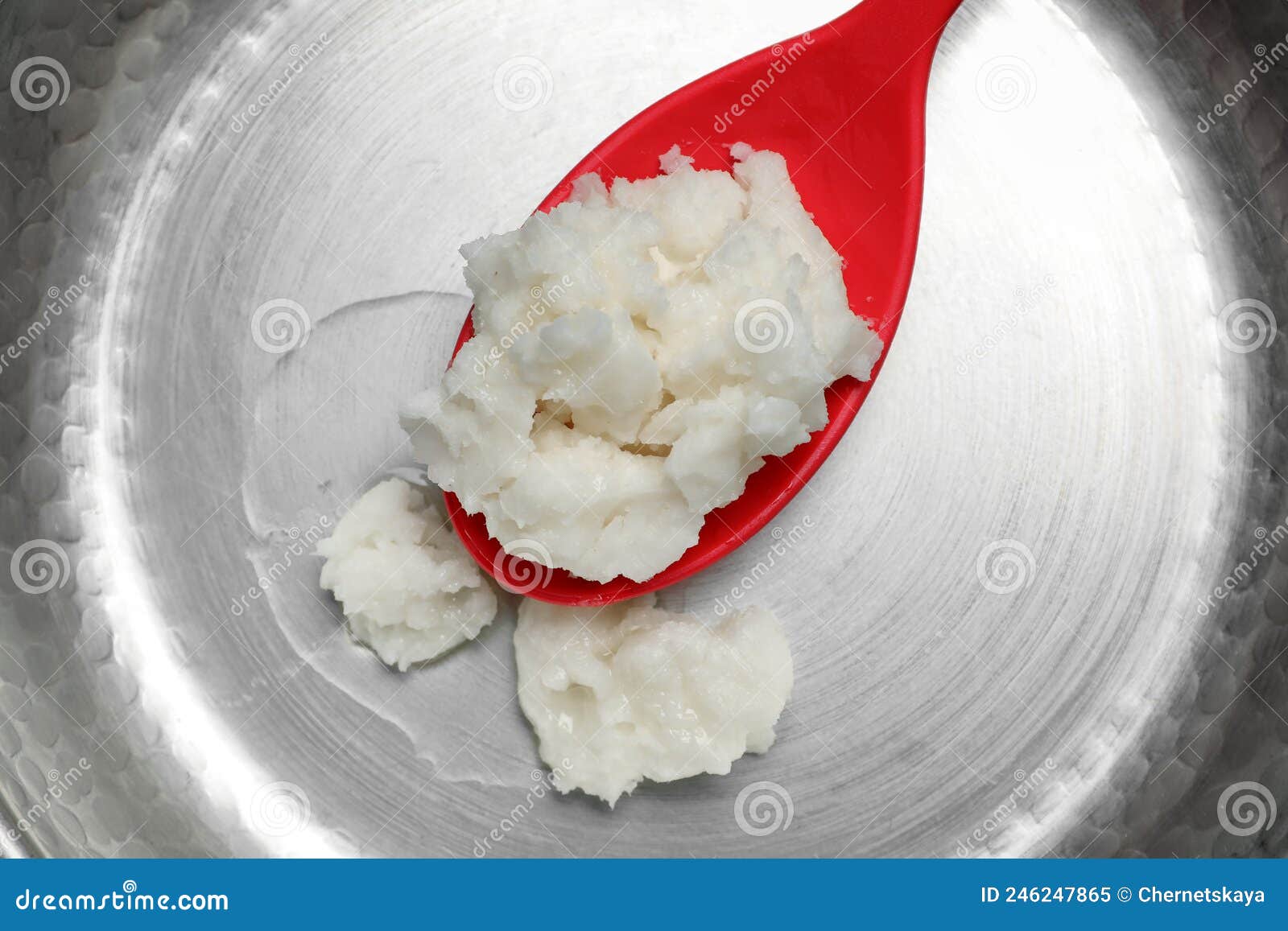 Frying Pan with Coconut Oil and Spoon, Top View Stock Image Image of