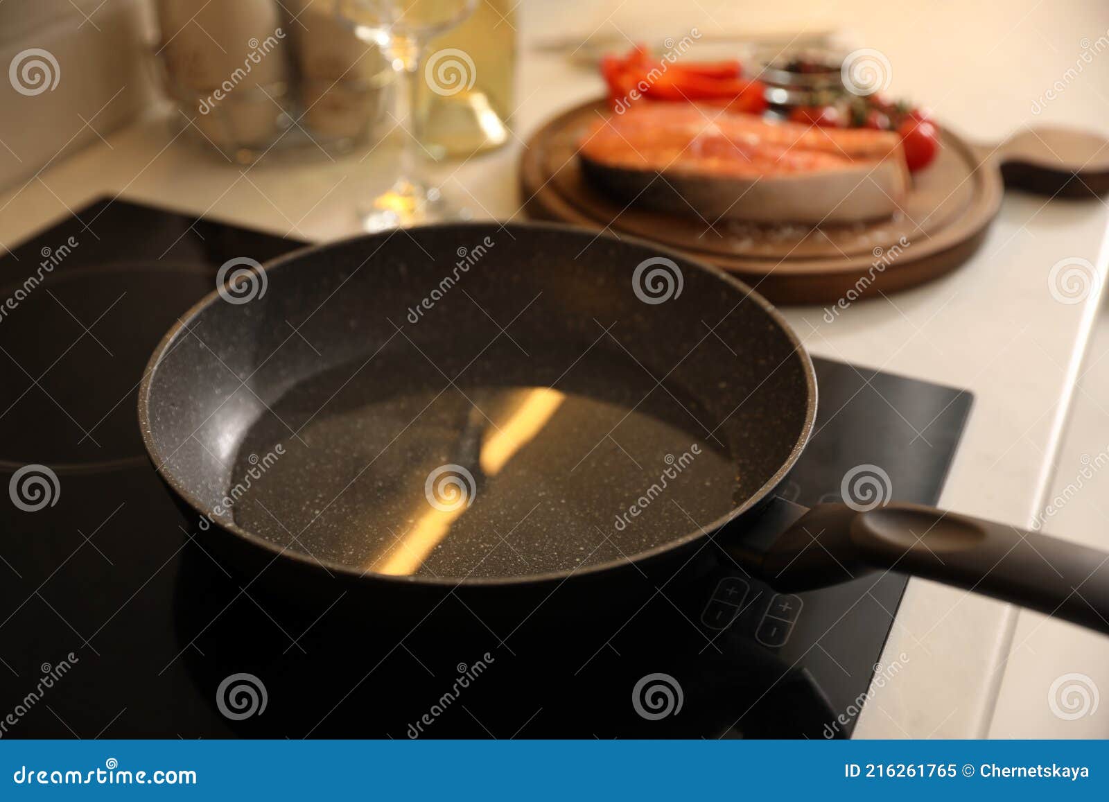 Frying Pan with Cooking Oil on Cooktop Stock Image Image of domestic