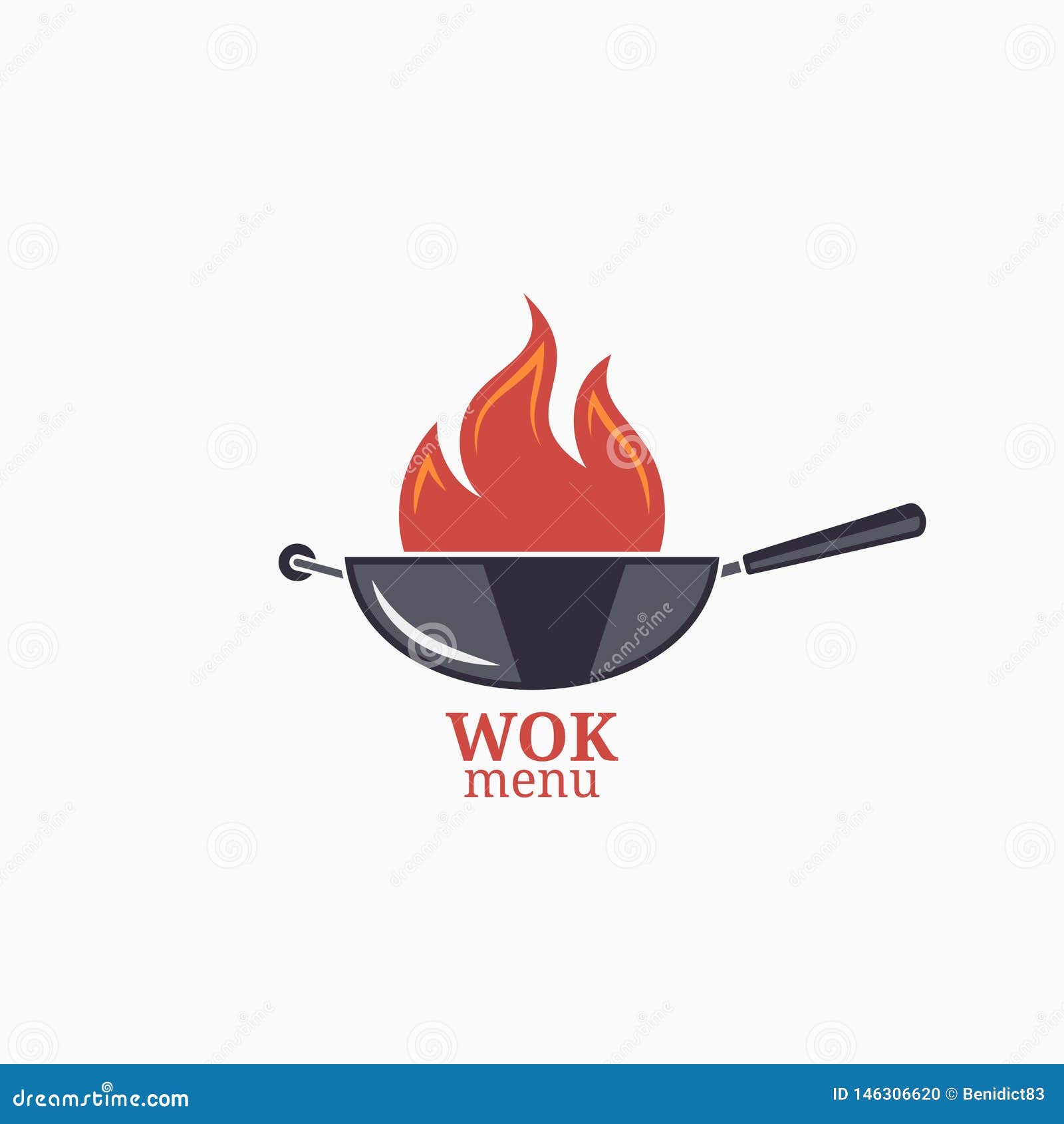 frying pan  menu. wok with fire flame