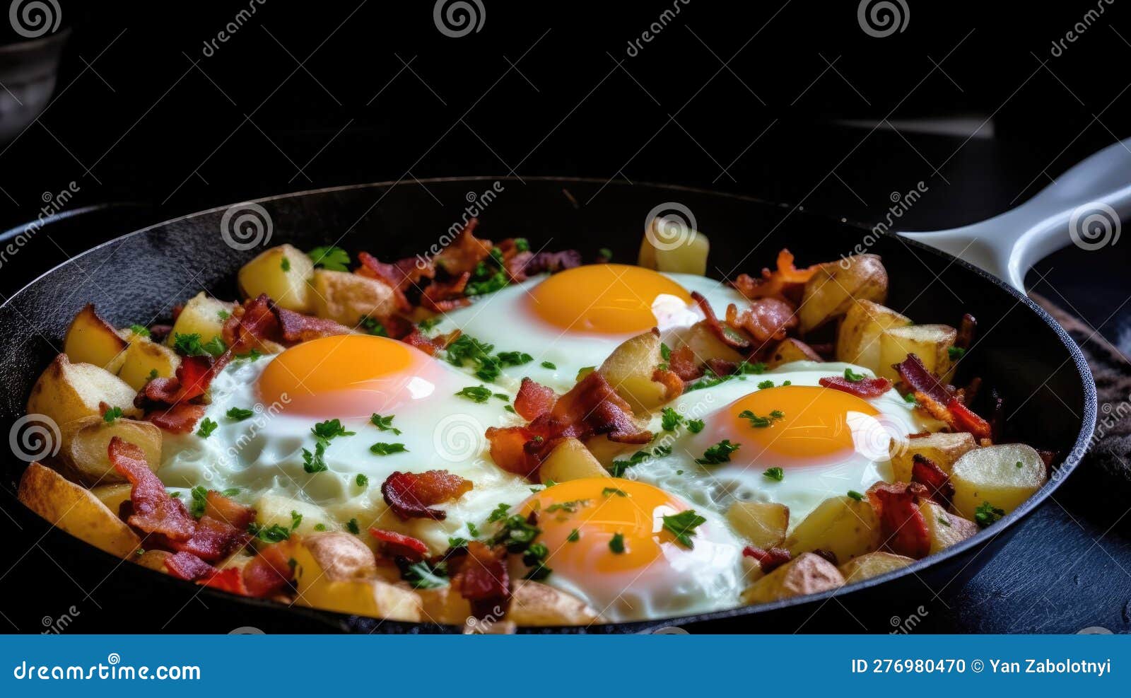 A Frying Pan with Eggs Bacon and Vegetables. Generative AI Stock