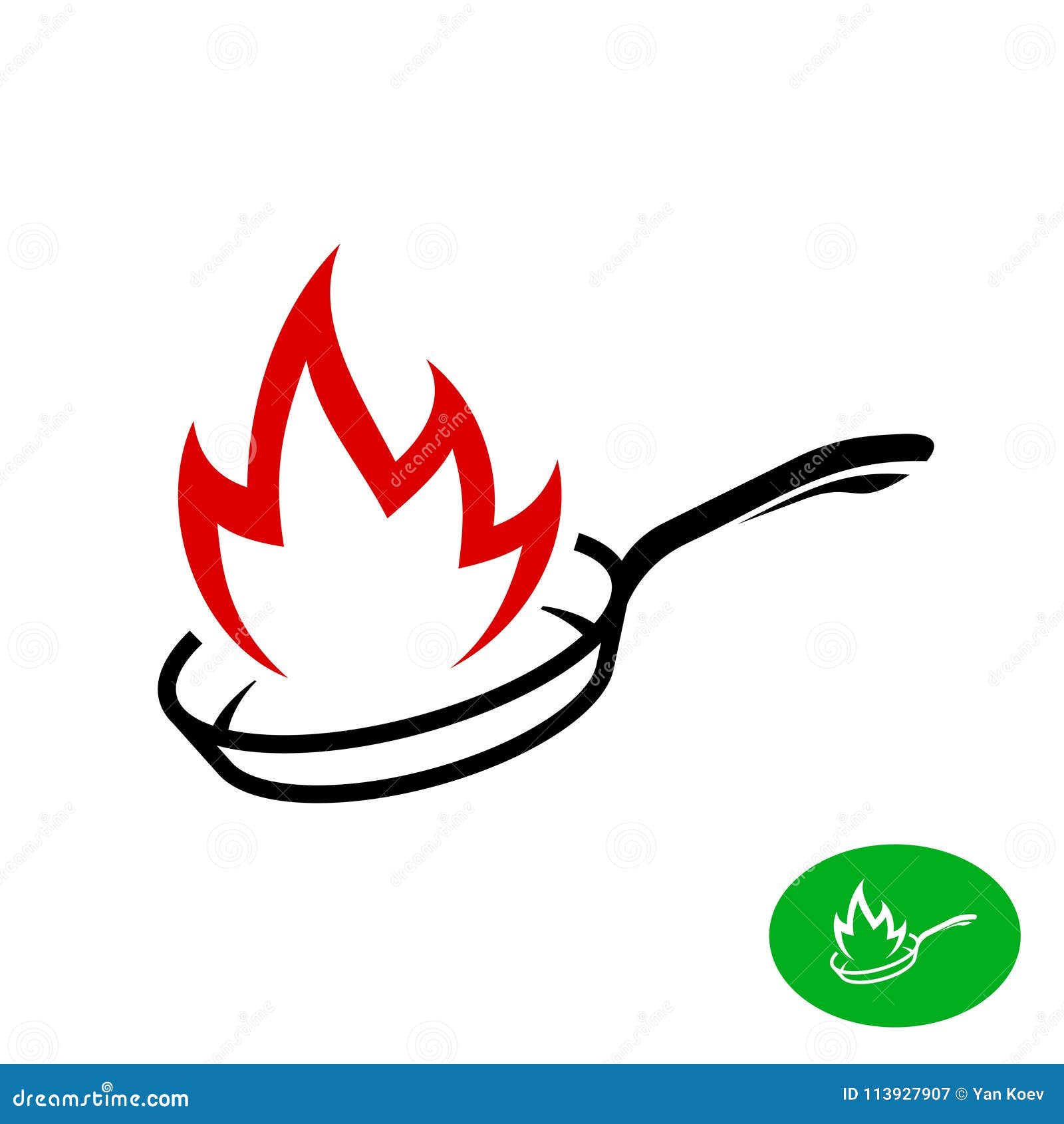 frying pan with fire flame logo.