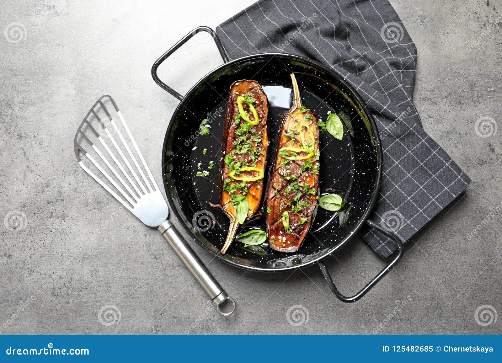 Frying Pan with Fried Eggplant Slices on Table Stock Image Image of