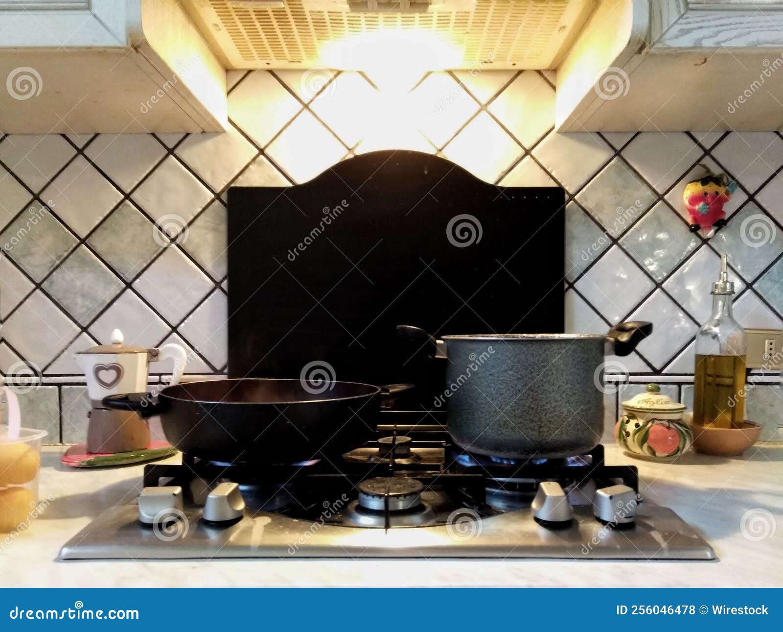 Frying Pans on the Stove in the Kitchen Stock Photo Image of frying