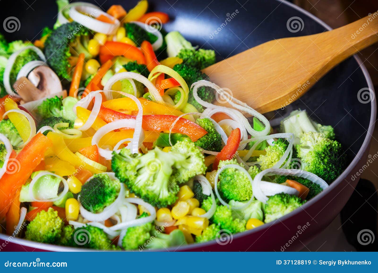 Frying Vegetables in Pan with Spatula Stock Image Image of closeup