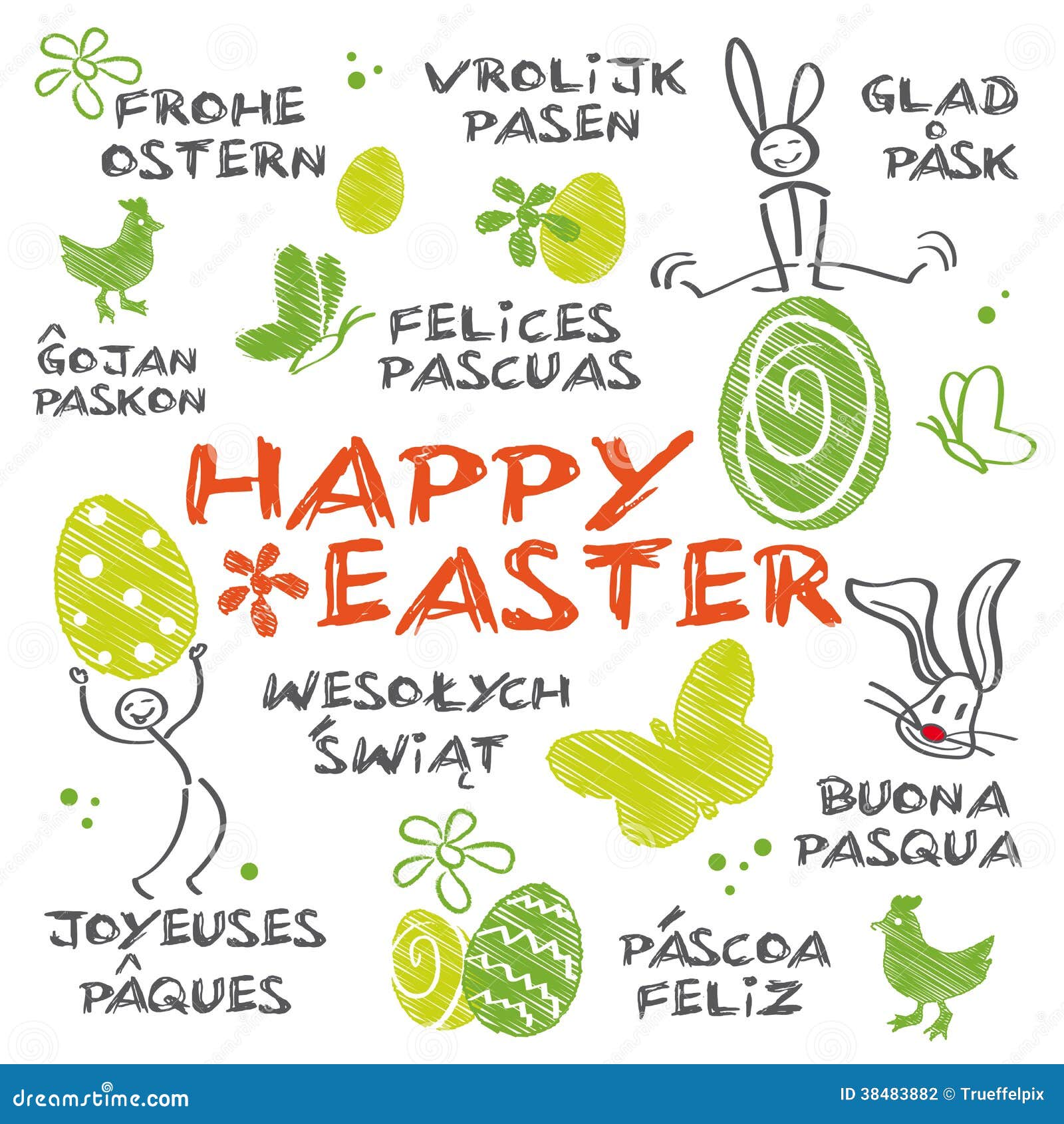 Fröhliche Ostern Mehrsprachig Stock Abbildung - Illustration von korb