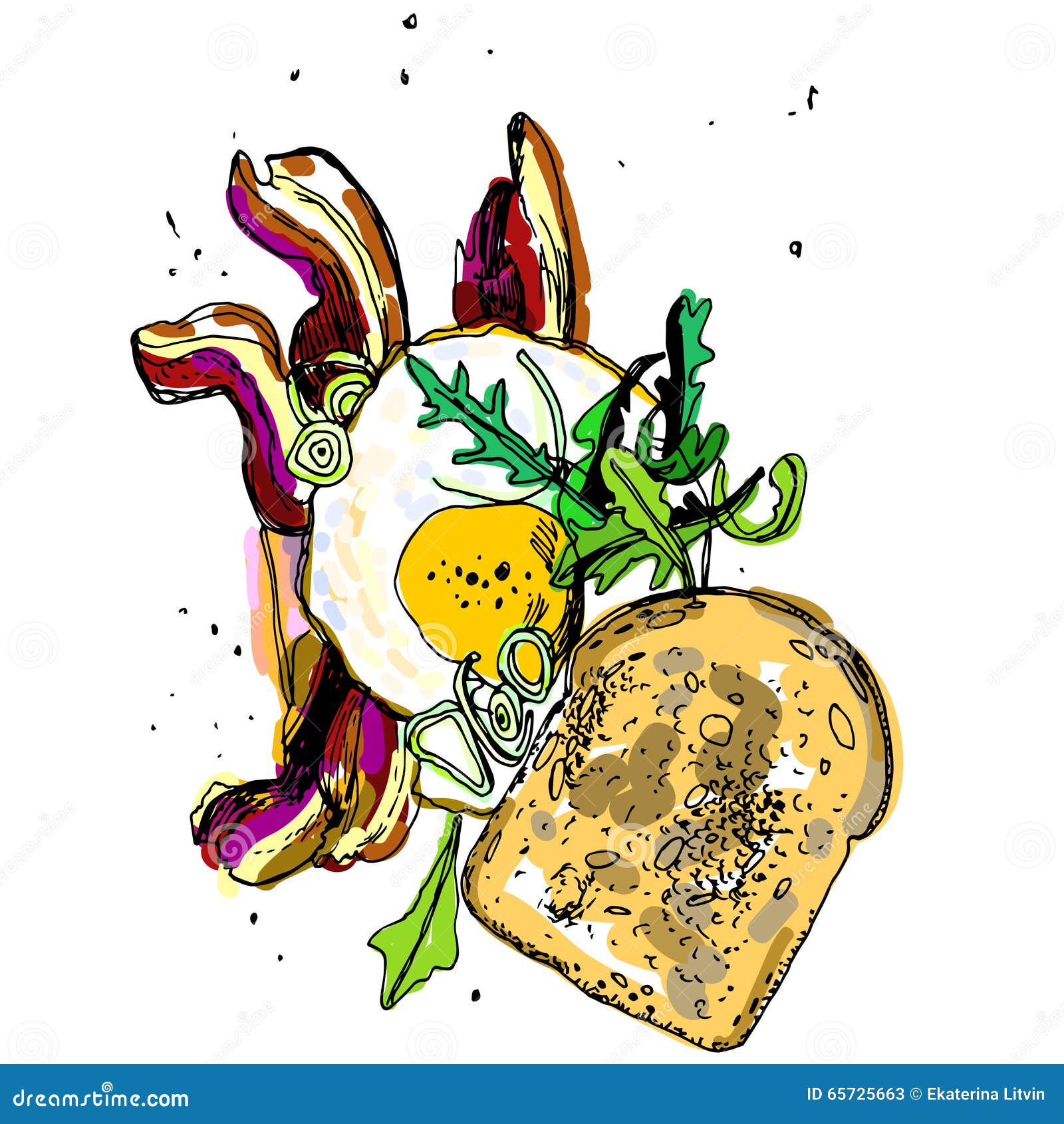 Frühstück, Hand gezeichnete Vektorillustration, durcheinandergemischte Eier mit Brot und Speck