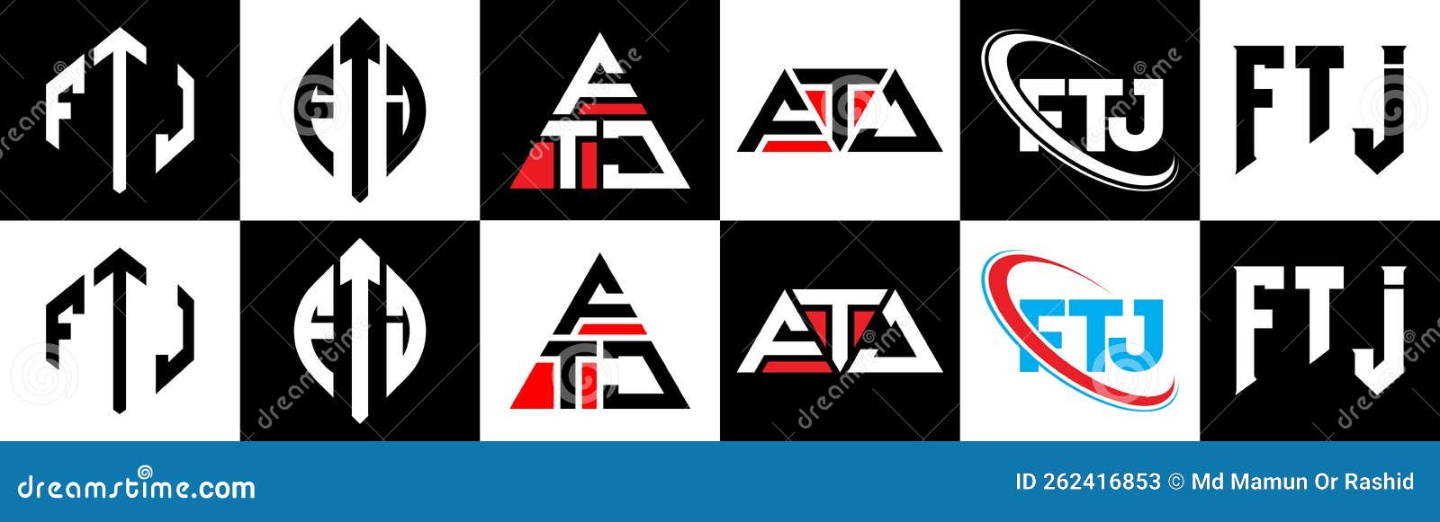 ftj letter logo  in six style. ftj polygon, circle, triangle, hexagon, flat and simple style with black and white color