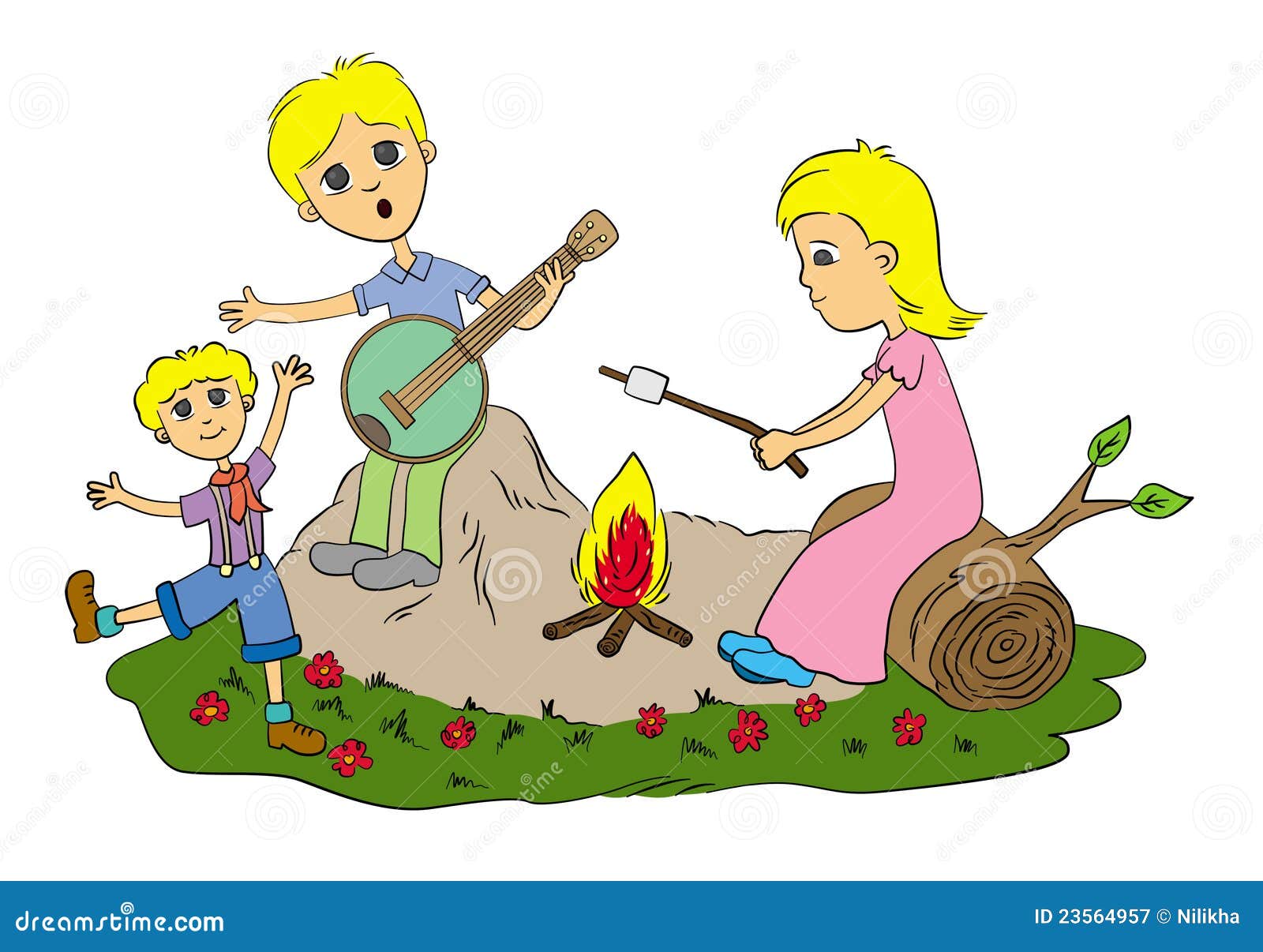 Fuego del campo de la familia. Una familia muy feliz que tiene un fuego del campo mientras que el papá toca el banjo