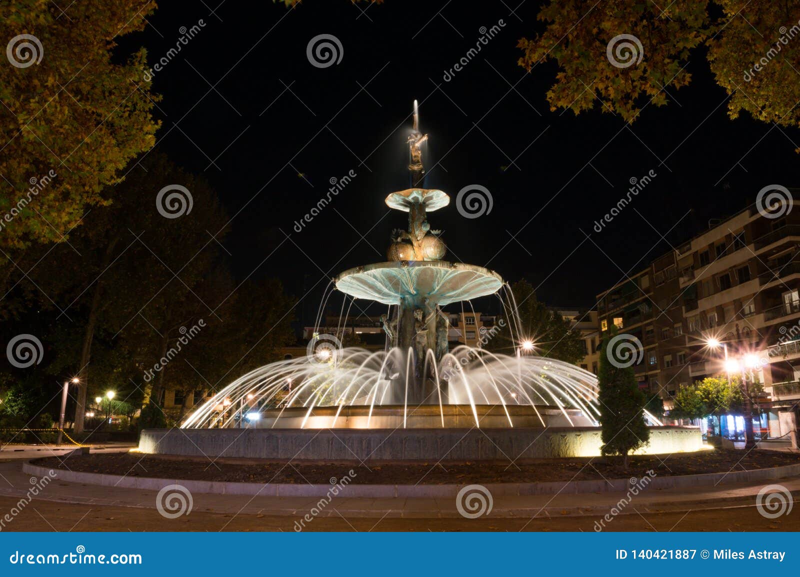 fuente de las granadas fountain at paseo de la bomba park in granada, spain