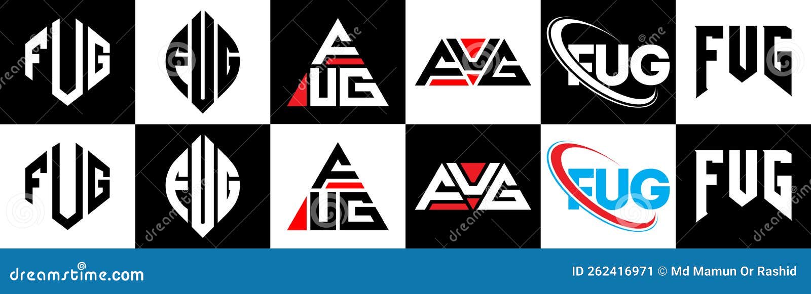 fug letter logo  in six style. fug polygon, circle, triangle, hexagon, flat and simple style with black and white color