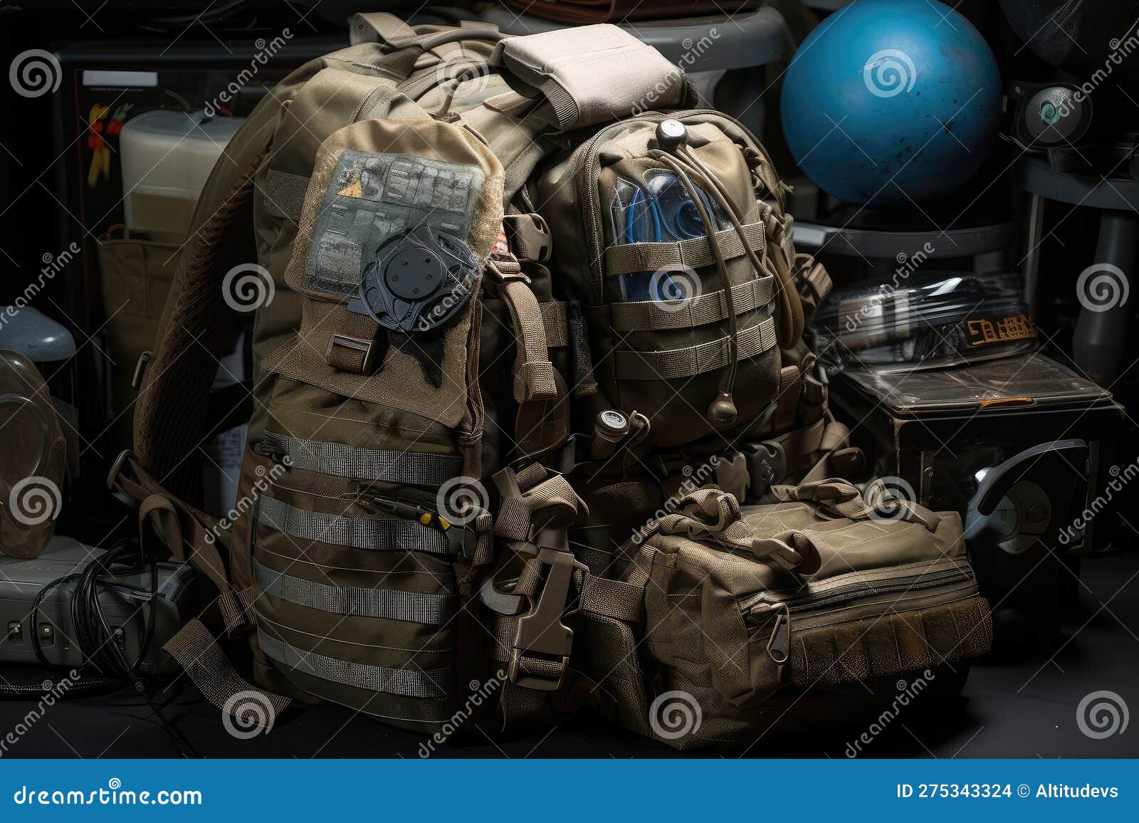 Full Backpack, with Gear and Supplies Visible, in Combat Zone Stock