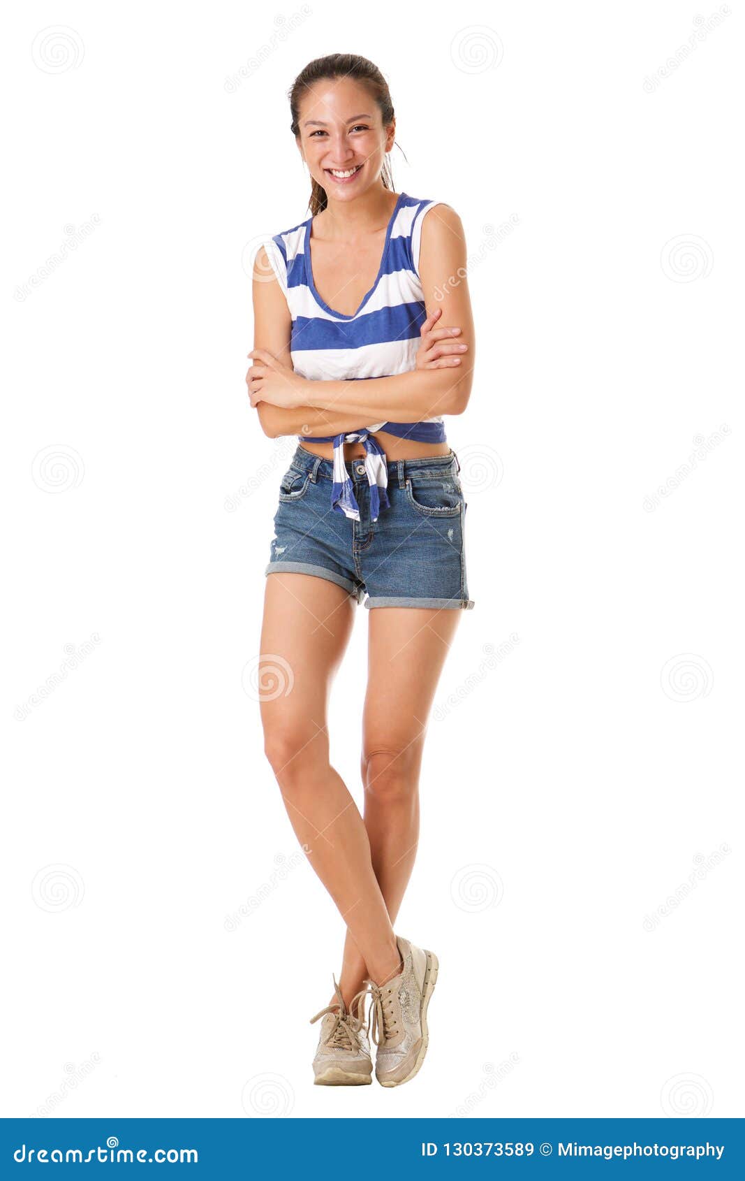 Full Body Beautiful Young Asian Woman Smiling Shorts Against Isolated ...