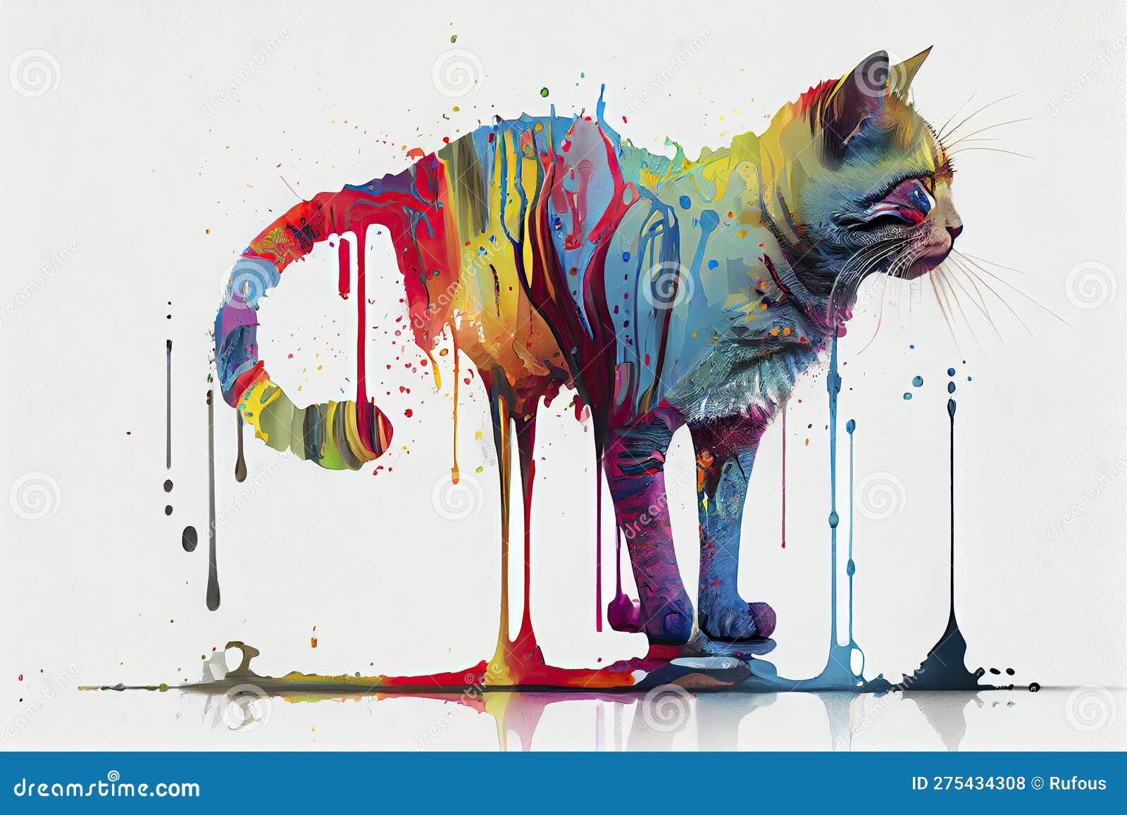 full body of a colorful cat,white background,dripping art