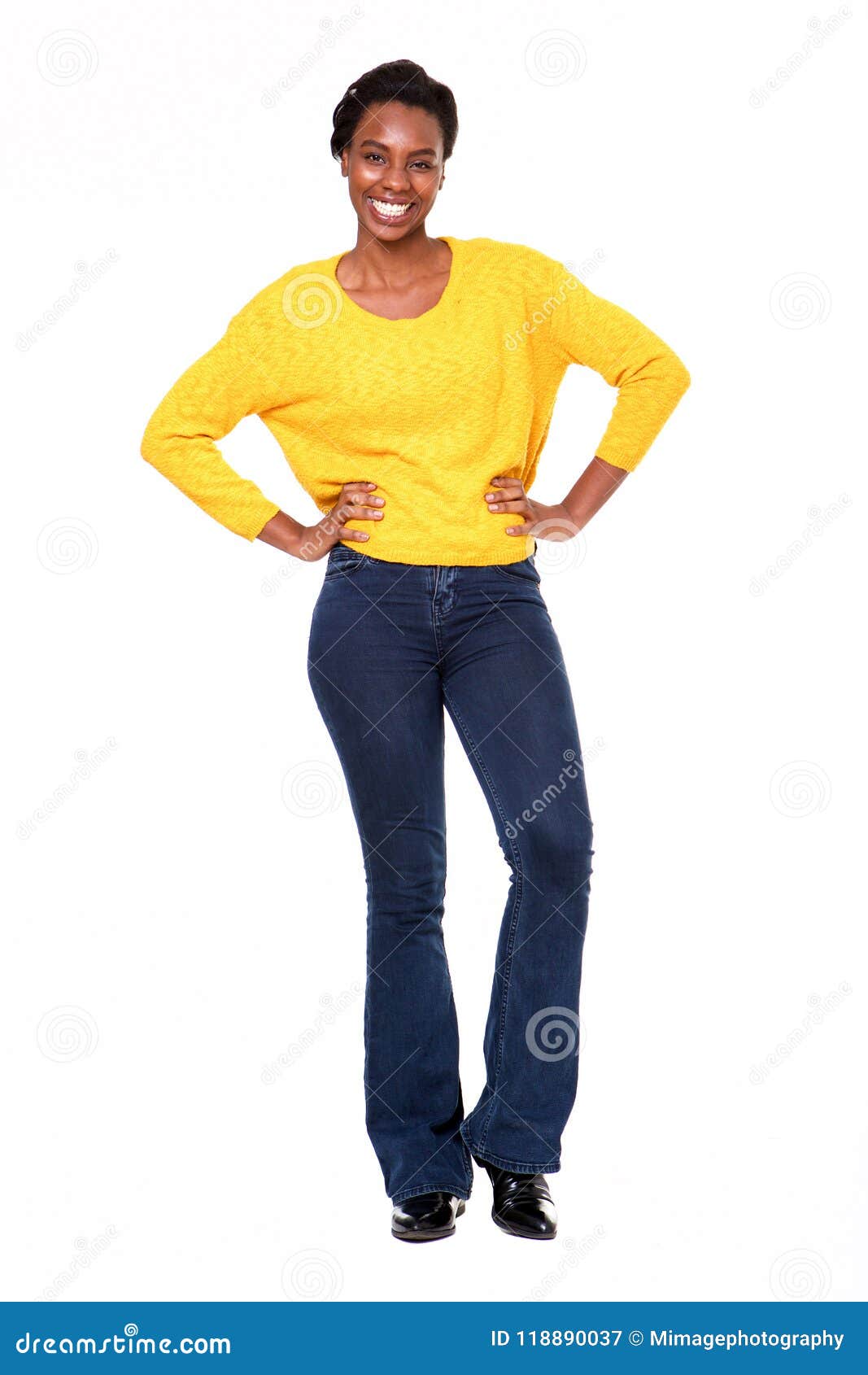 Full Body Confident Happy Black Woman Standing on White Background