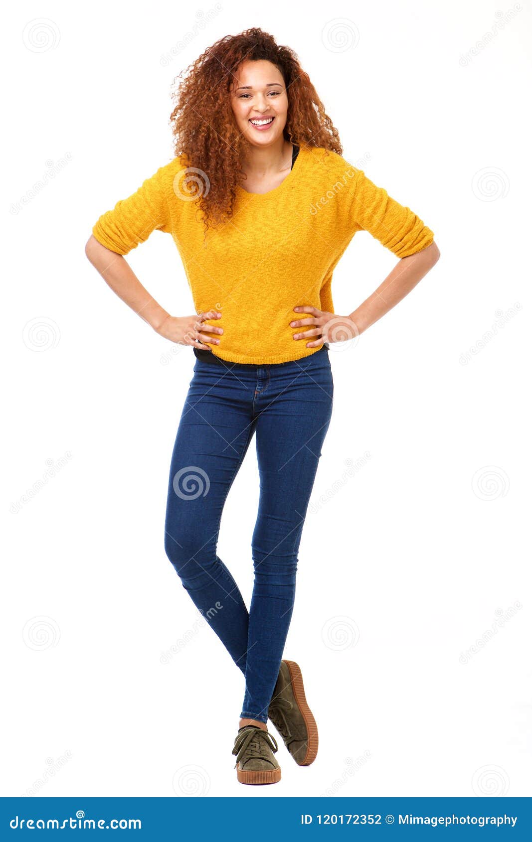full body confident happy woman standing against  white background