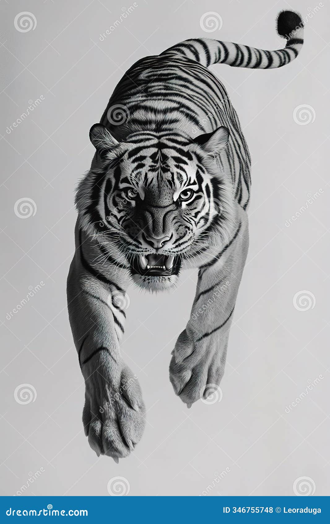 full-body image of a tiger pouncing downwards, captured in an aggressive pose with its face showing intensity