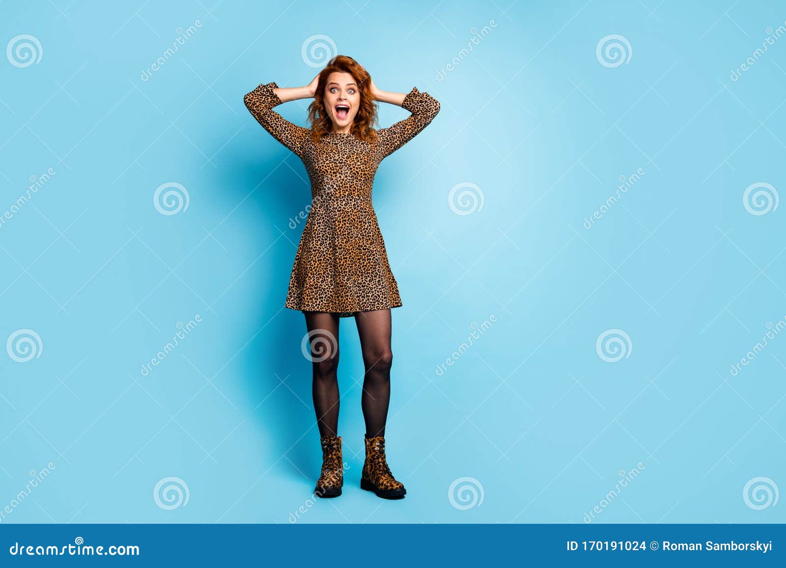 Full Body Photo Of Astonished Crazy Woman Look Unbelievable Incredible Novelty Promo Shout Wow Omg Touch Hands Hairstyle Stock Photo Image Of Bargain Emotions 170191024