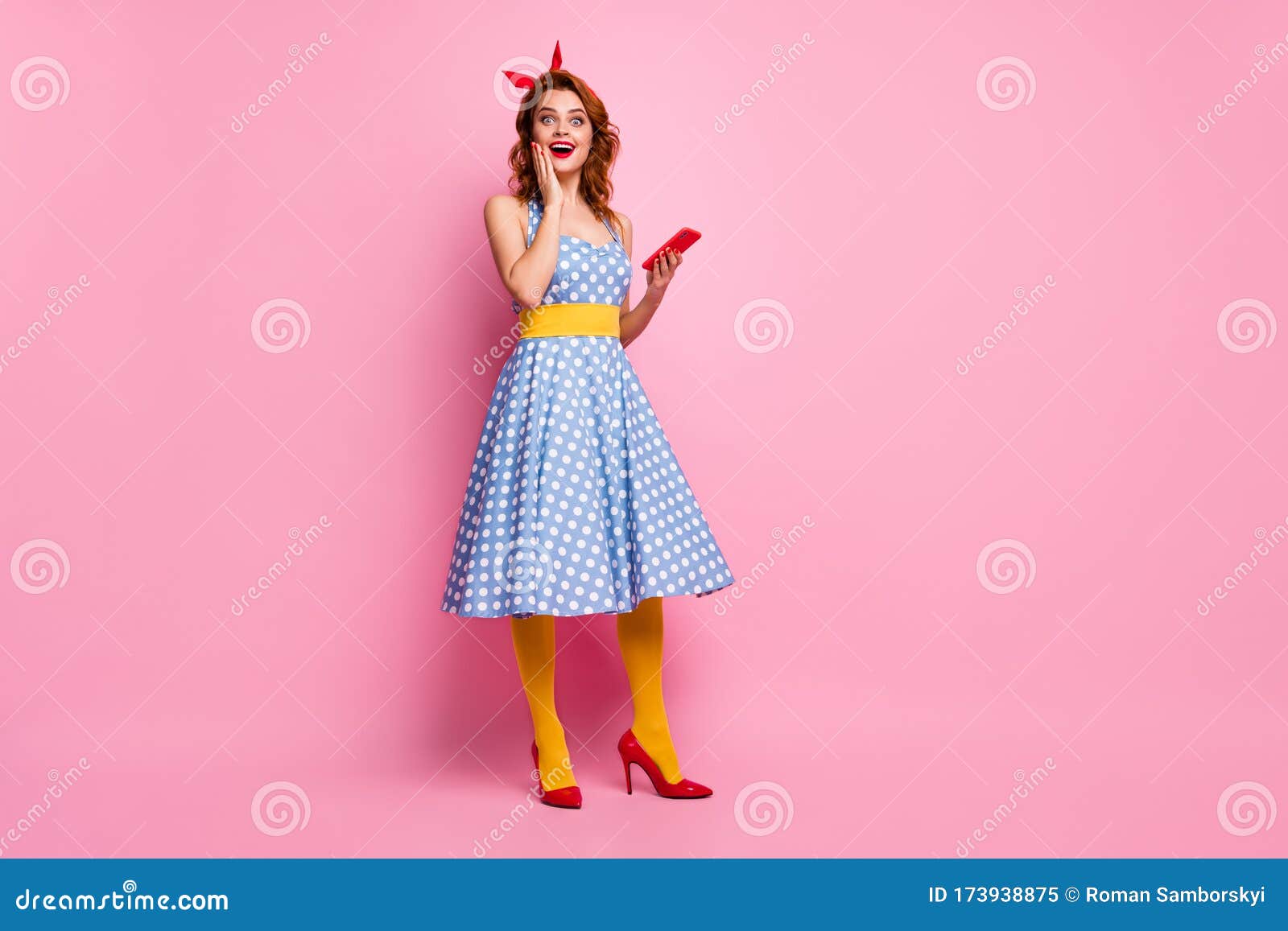 Full Body Photo of Beautiful Funny Lady Hold Telephone Read Good Comments  Blog Wear Headband Dotted Dress Long Skirt Red Stock Image - Image of read,  highheels: 173938875