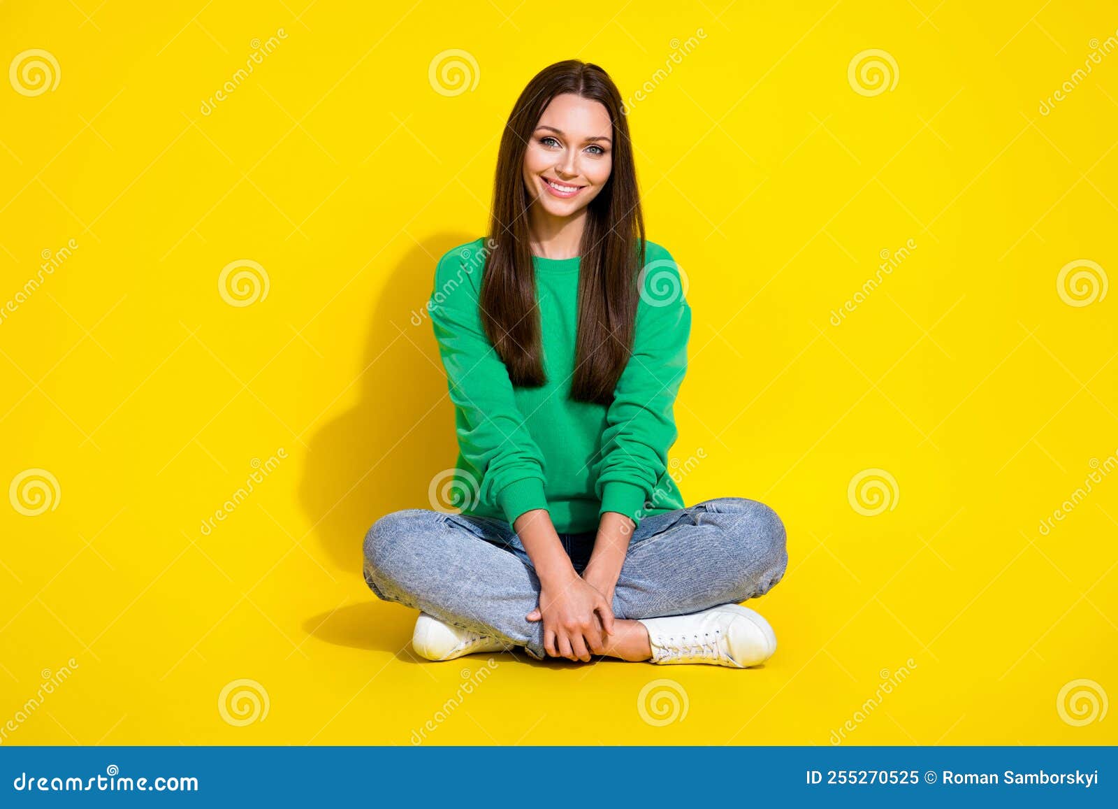 Full Body Photo of Charming Young Girl Sit Floor Crossed Legs Relaxing ...