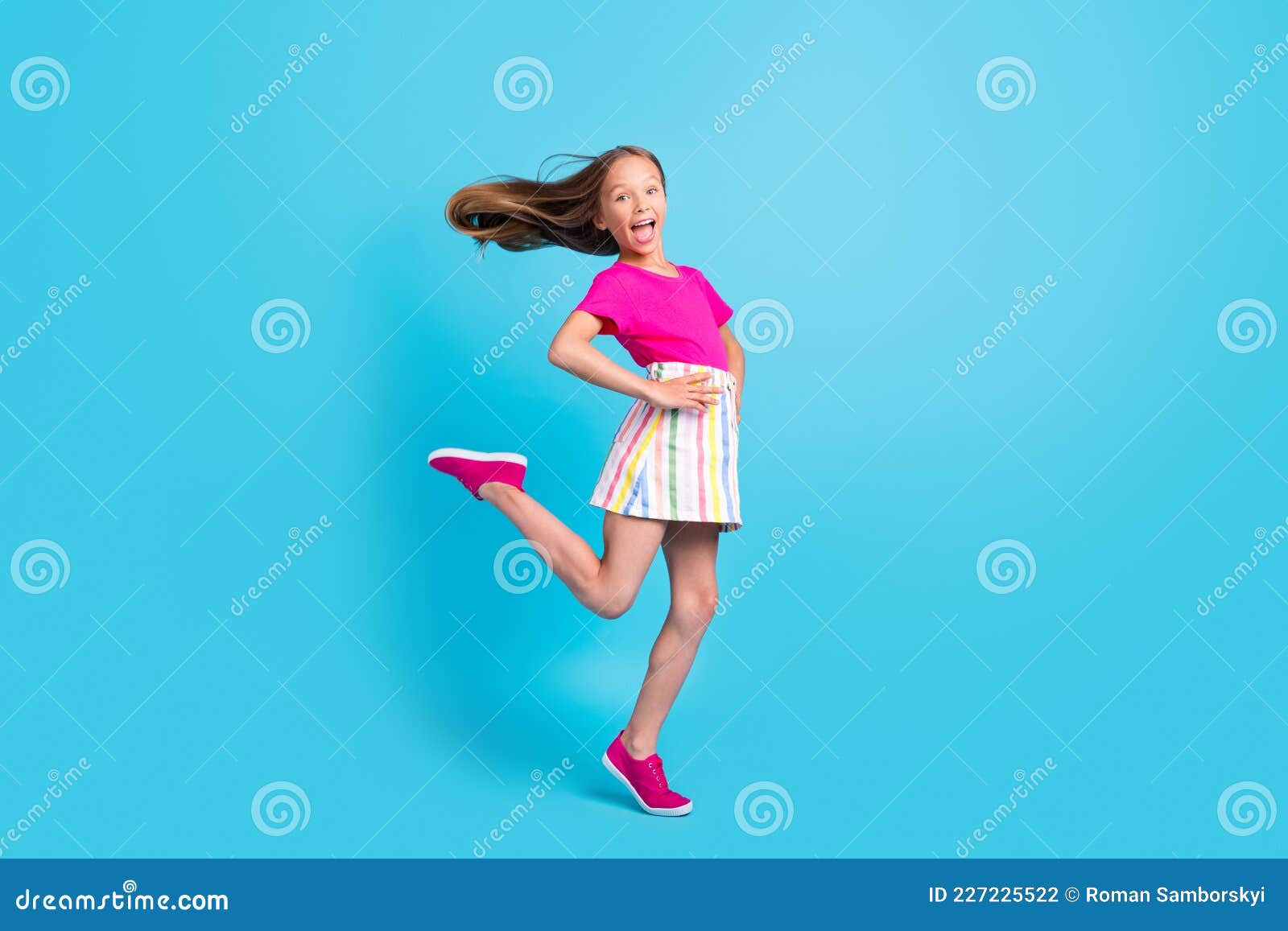 Full Body Photo of Cheerful Young Happy Crazy Girl Hold Hands Waist ...