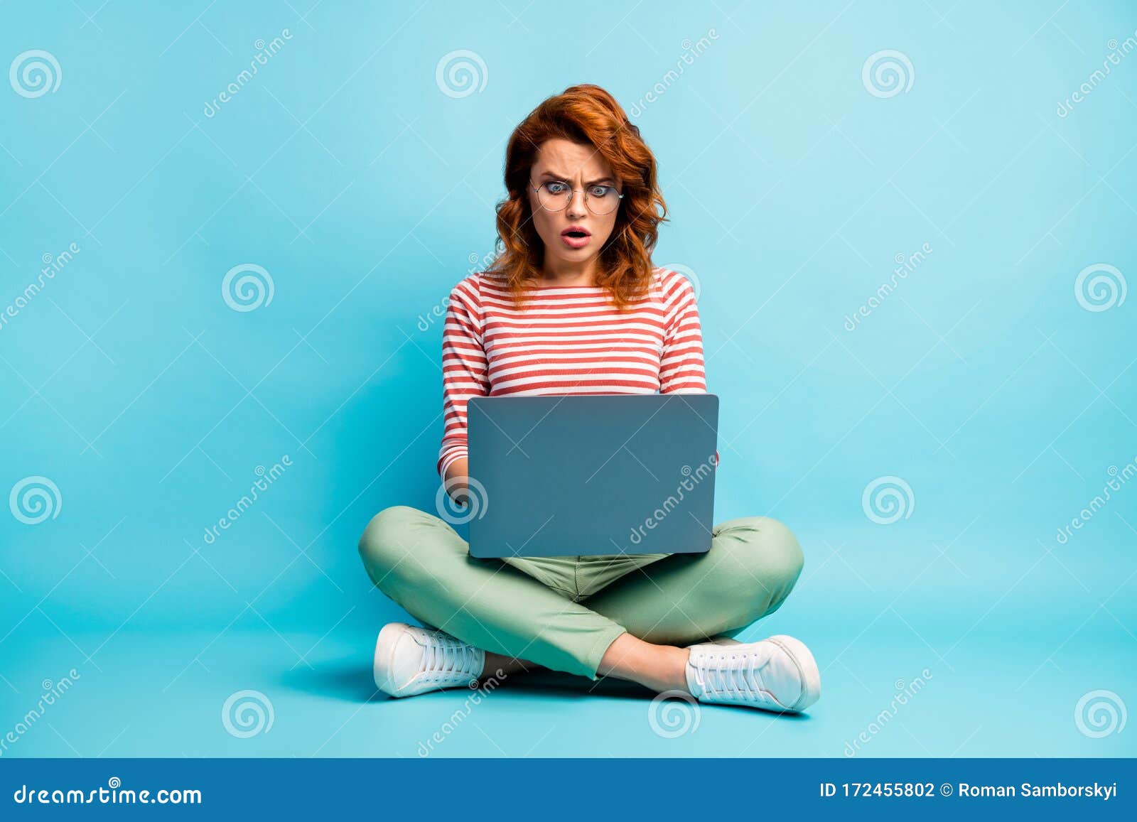 Full Body Photo of Frustrated Girl Sit Crossed Work Computer Read ...