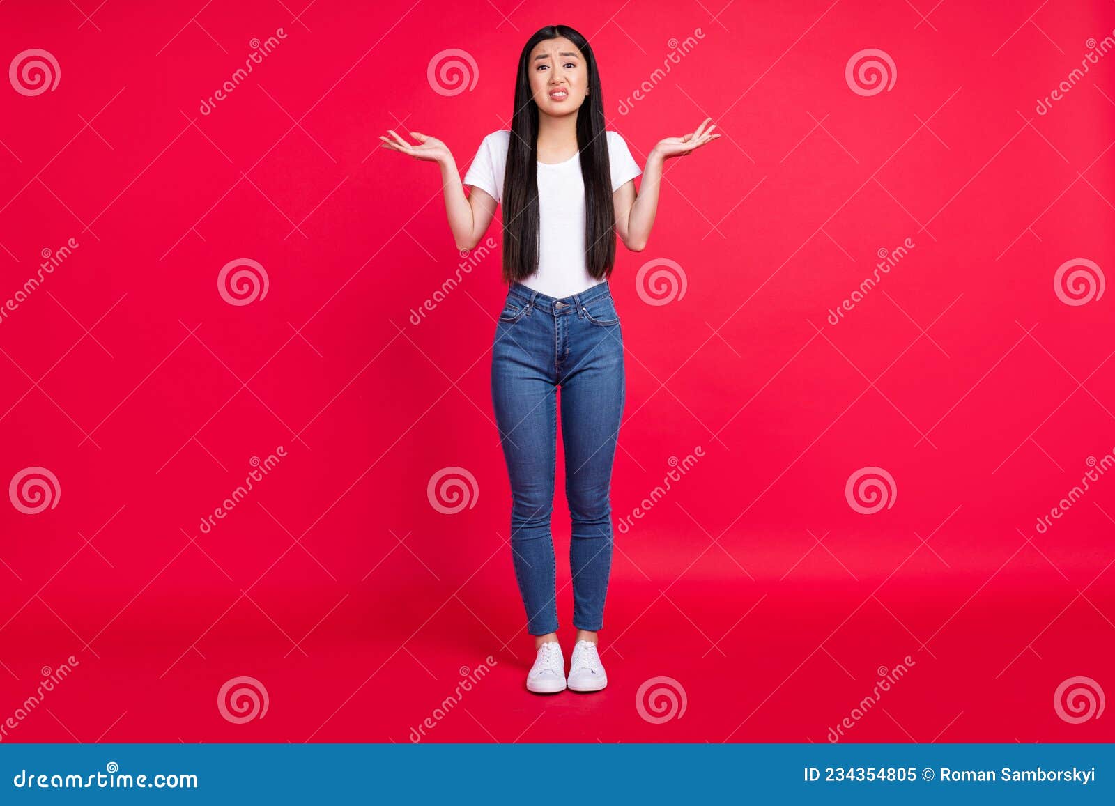 Full Body Photo Of Young Attractive Asian Girl Unhappy Negative Shrug Shoulders Clueless