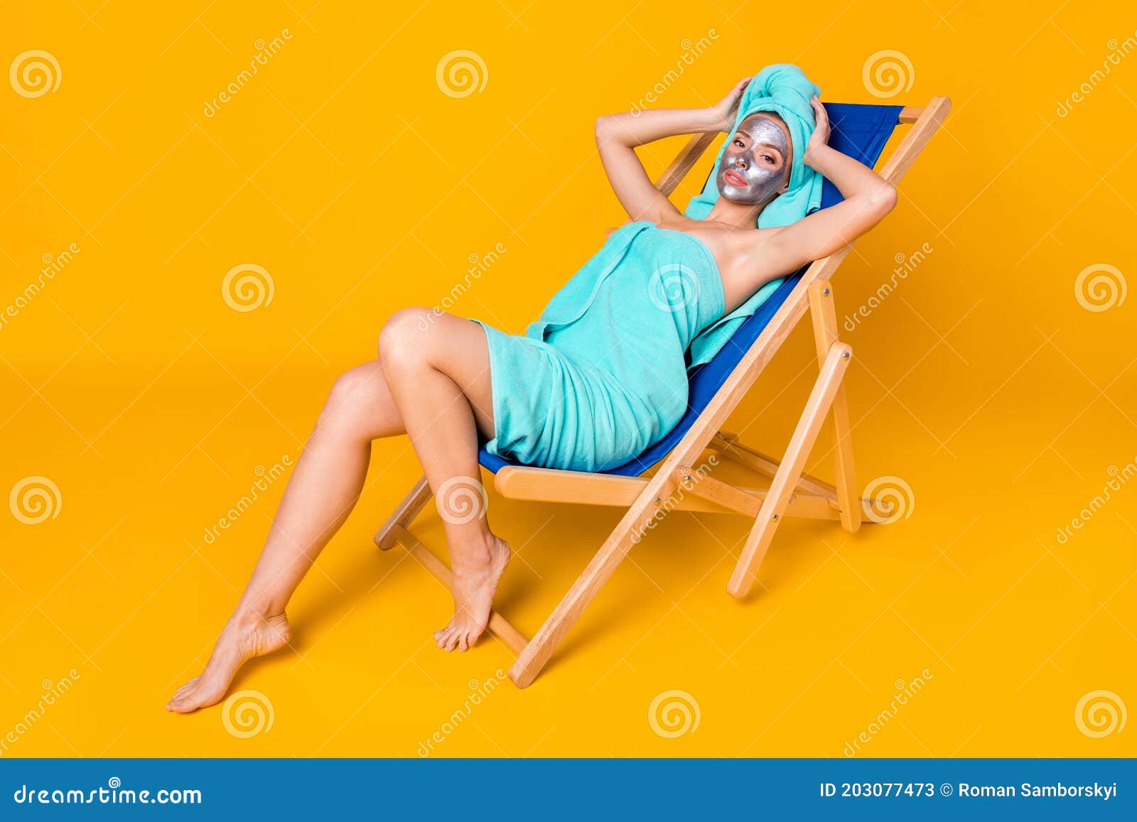 Full Body Photo Of Young Woman Rest Relax Chaise Longue Enjoy Facial Treatment Hands Touch Head