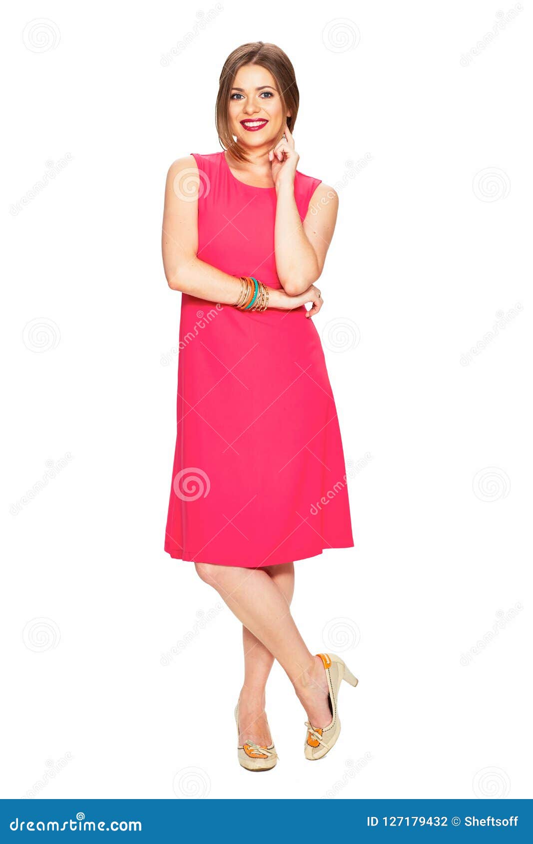 Full Body Portrait of Smiling Woman in Red Dress. Stock Photo - Image ...