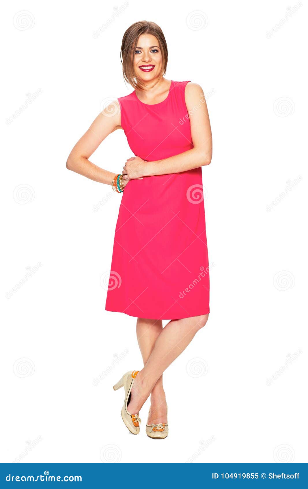 Full Body Portrait of Smiling Woman in Red Dress. Stock Image - Image ...